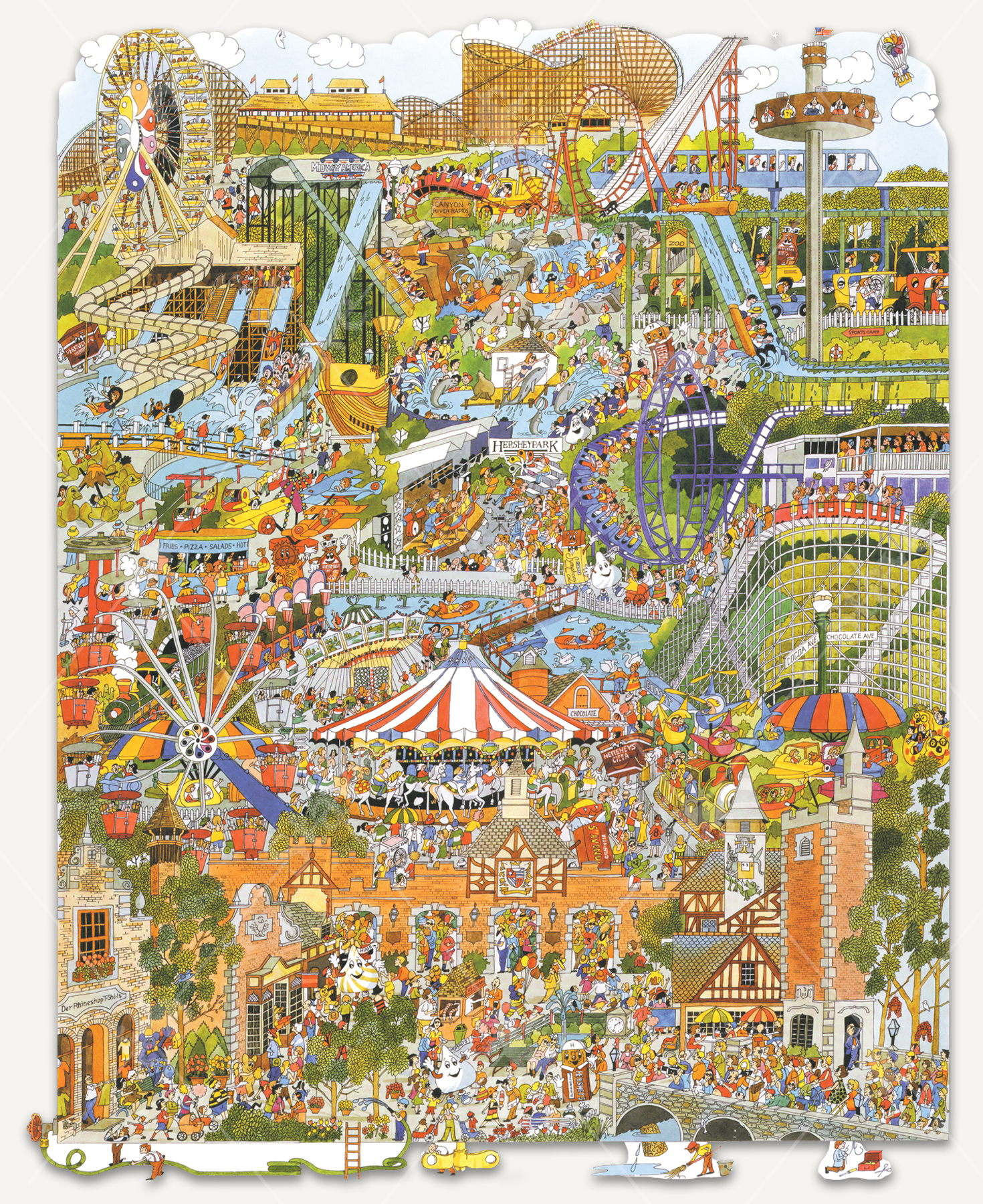 Hersheypark wooden jigsaw puzzle displays an amusement park full of people going on rides, playing games, and enjoying food. Throughout the crowds of people, Hershey Candy Mascots are entertaining the park's visitors.