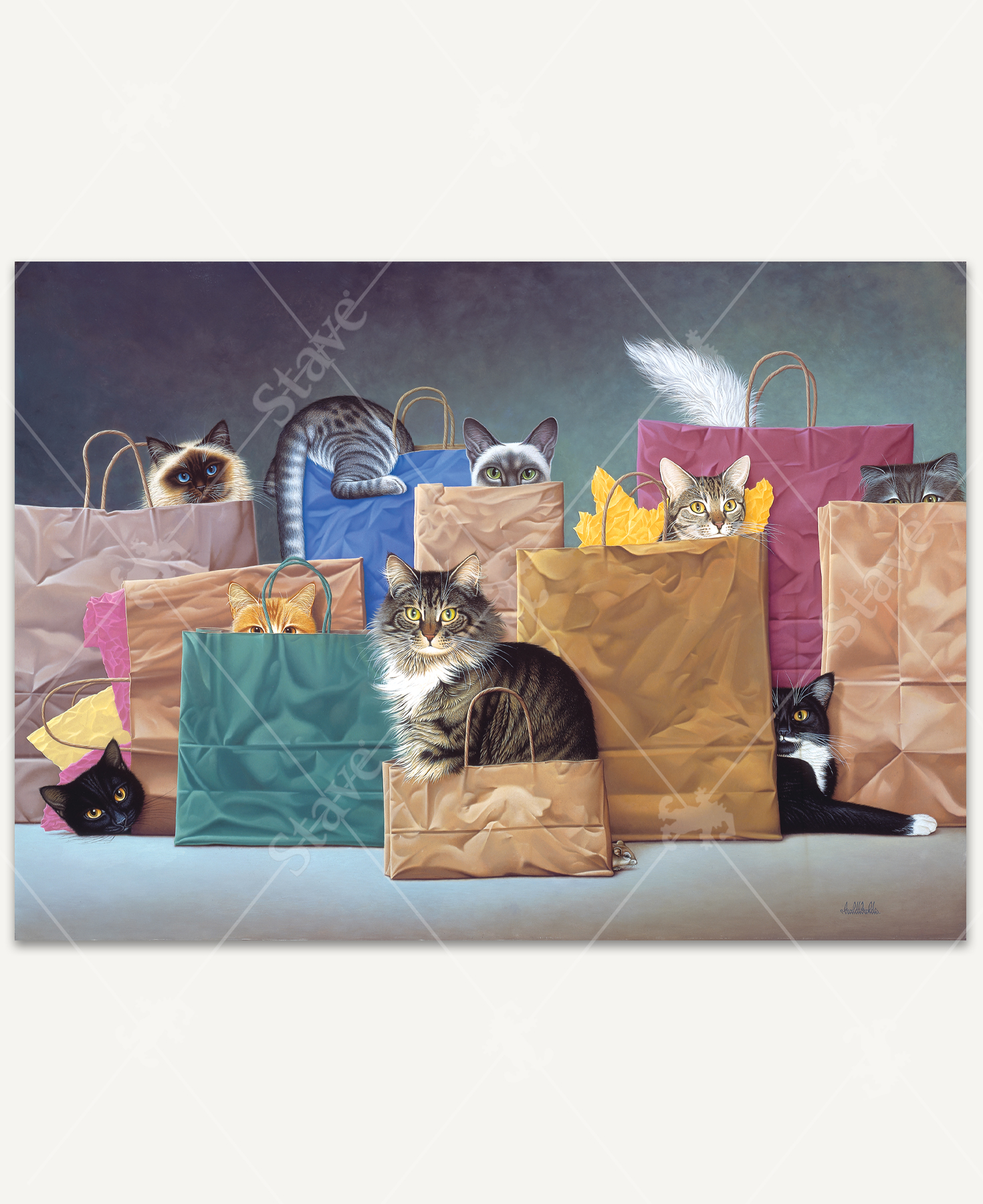 Bag Ladies wooden jigsaw puzzle presents ten different breeds of cats hiding inside and behind paper bags. Most of the cats have their heads sticking out of the bag or are peeking up enough to see their eyes. A small mouse pokes his head out from behind the bag in the front.