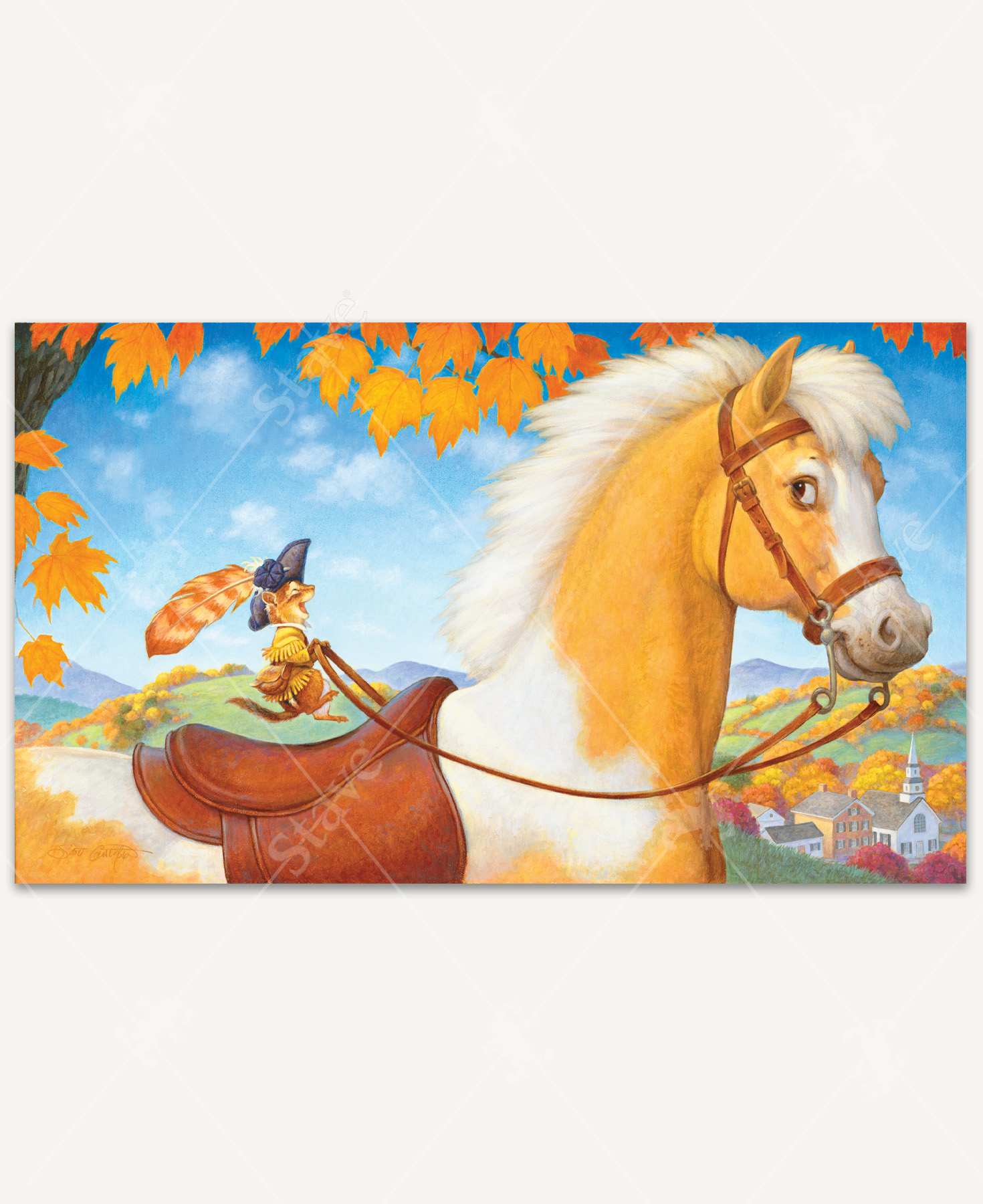 A whimsical autumn scene featuring a tiny chipmunk riding a horse through a quaint village. The chipmunk wears a bright blue tricorn hat with a large feather, giving the little rider a playful colonial look.