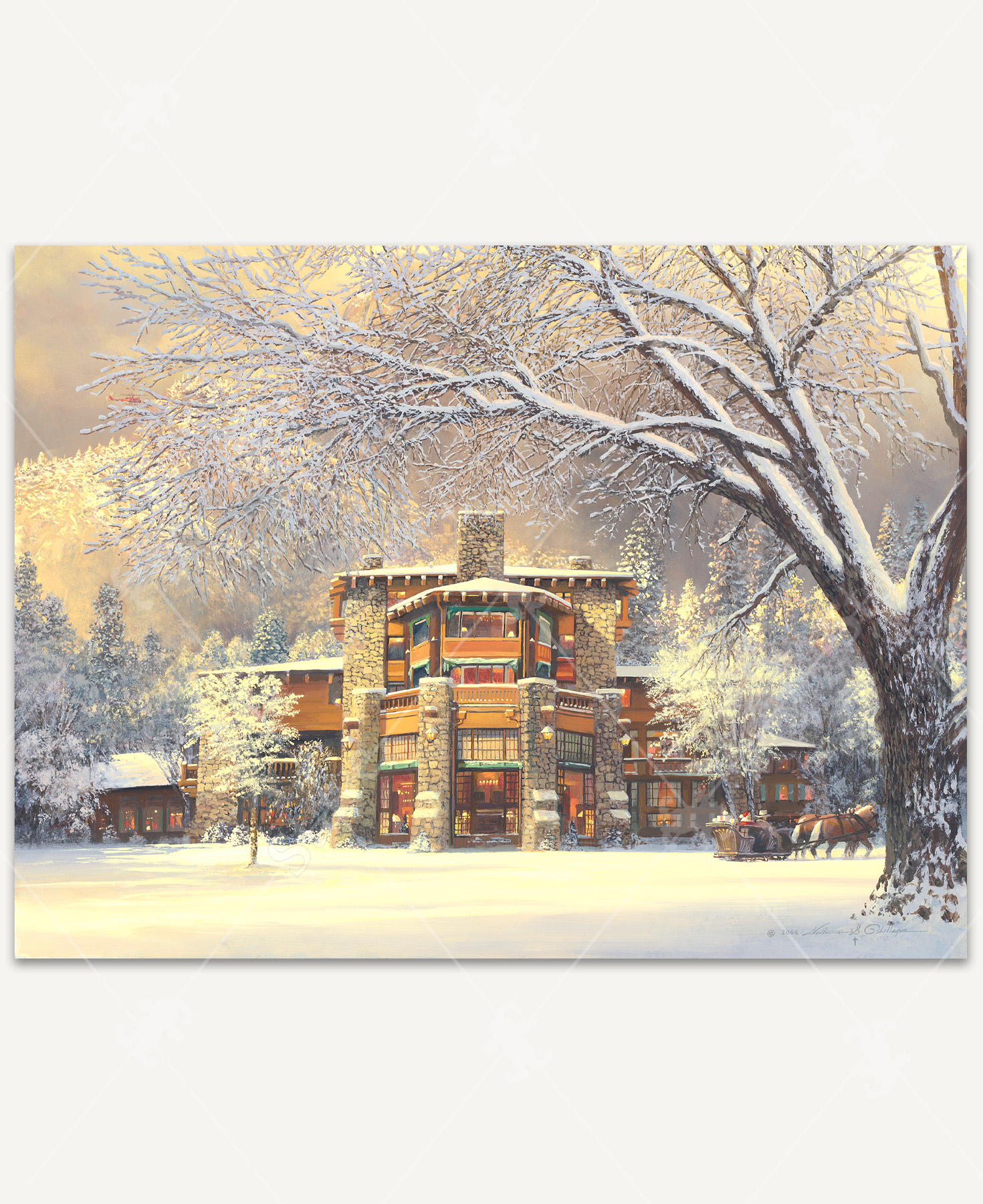 The Ahwahnee Lodge in Yosemite Valley glows warmly against the snowy landscape on Christmas Eve, depicted in this serene winter scene by William S. Phillips.