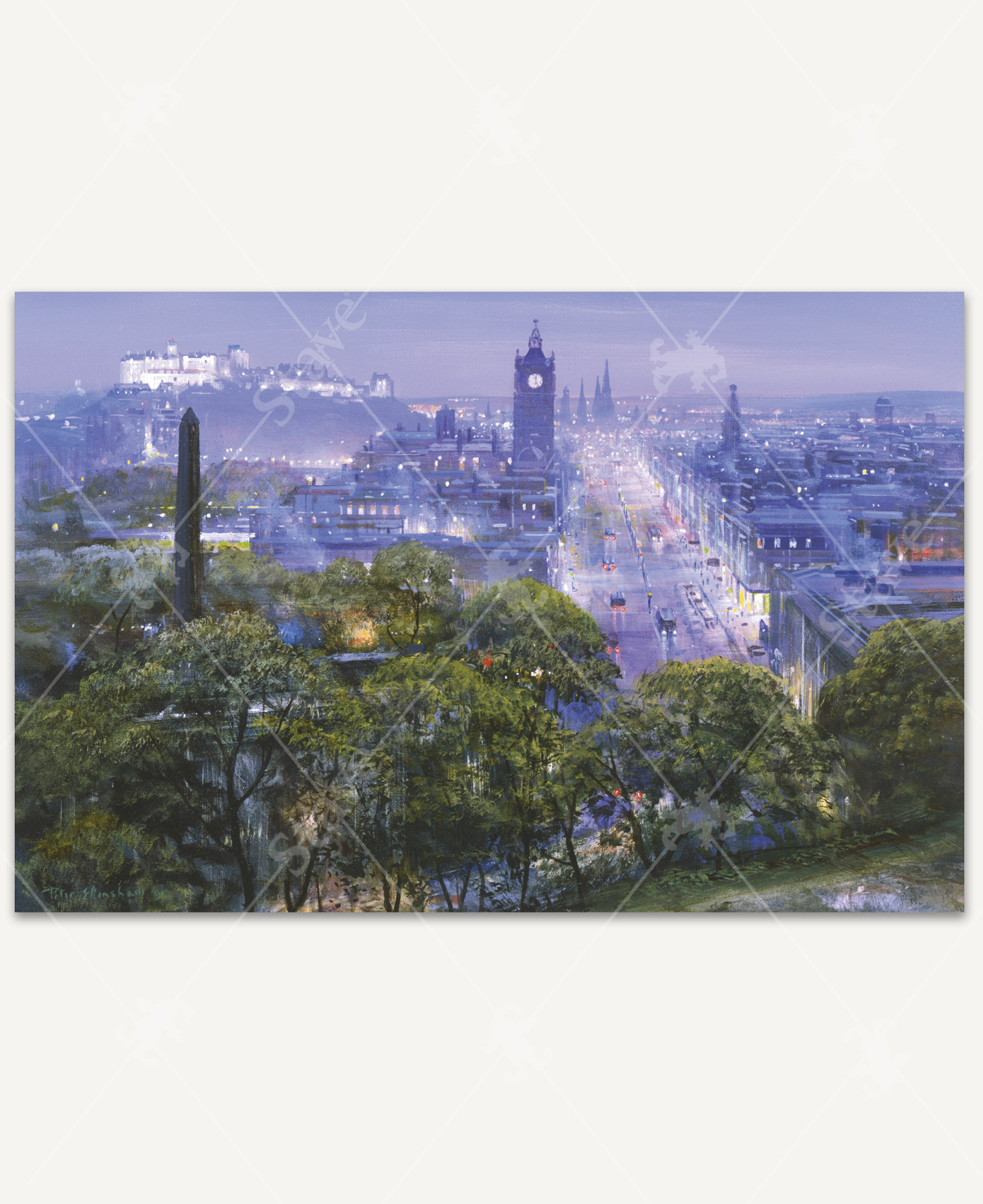 Edinburgh wooden jigsaw puzzle depicting Scotland’s capital city with glowing skies, golden stone buildings, cobblestone streets, and the iconic castle perched on a hill, showcasing the city’s historic charm and scenic beauty.