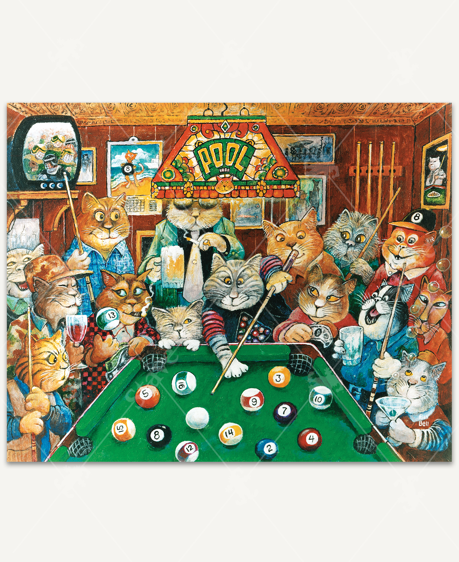 A cozy, smoky pool hall scene featuring dapper cats playing billiards. A striped tabby prepares his shot under a stained-glass lamp, surrounded by cheering feline friends with frothy mugs and cigars, capturing a lively atmosphere of camaraderie and joy.