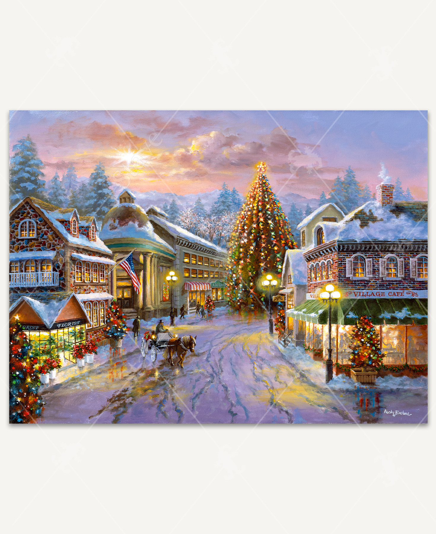 Village holiday scene by Nicky Boehme featuring a snow-covered town, a decorated Christmas tree at the end of the road, a horse-drawn carriage, and warm light glowing from windows and streetlights.