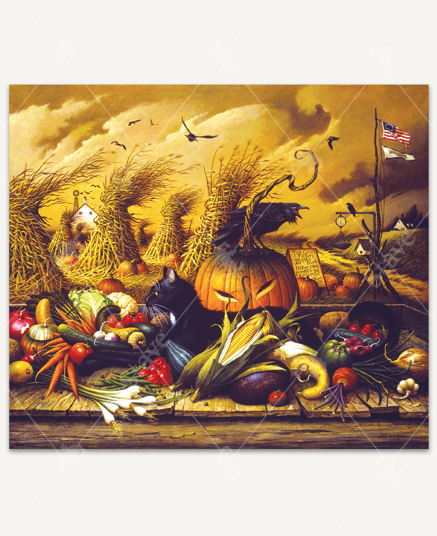 An autumn harvest scene with golden cornstalks bending in the wind and a black cat lounging among an abundance of vegetables, including corn, carrots, peppers, and tomatoes. Overhead, crows fly against a windswept sky while a jack-o’-lantern smiles slyly, creating a playful and mysterious fall atmosphere.