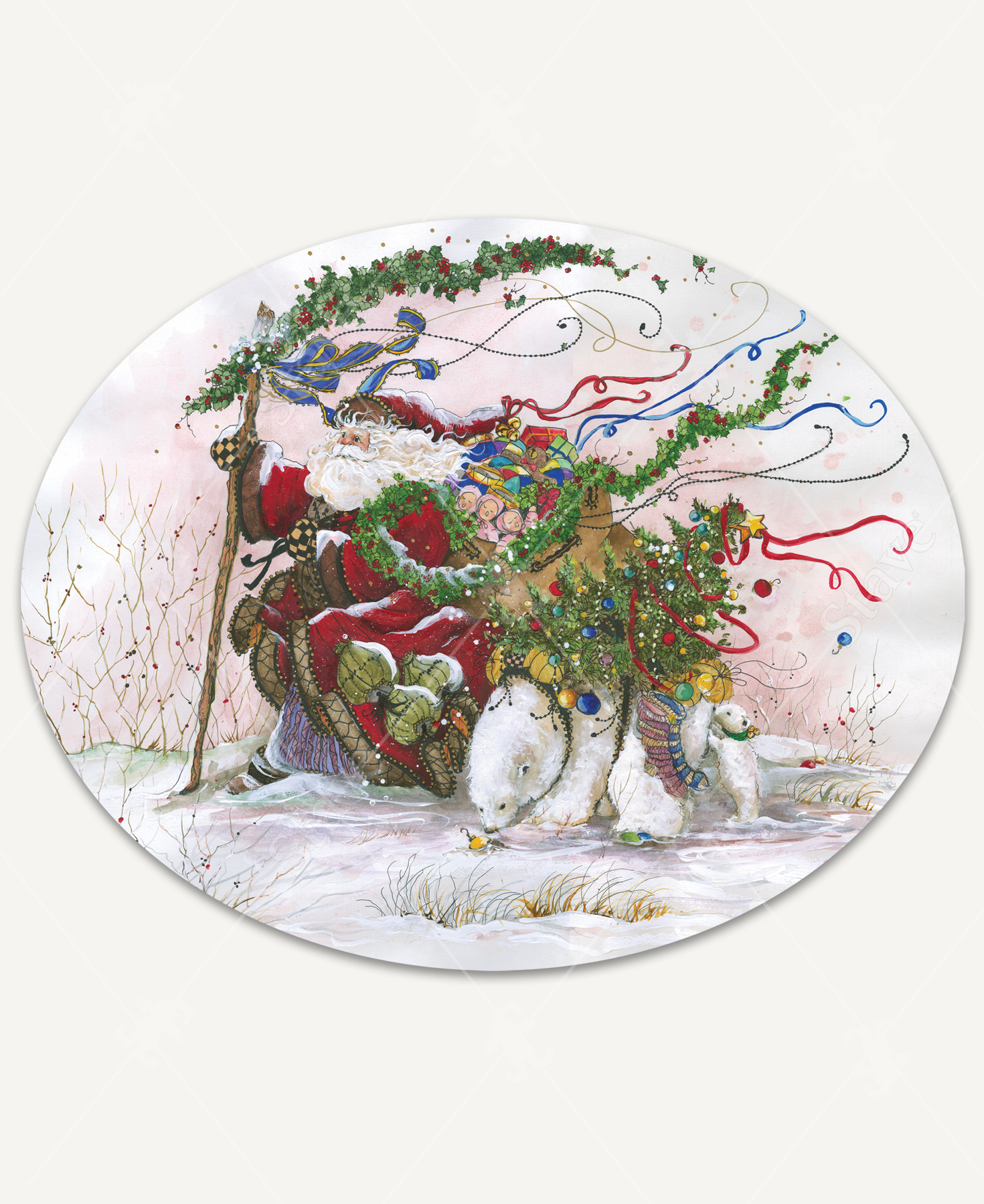 A handcrafted wooden jigsaw puzzle featuring Santa’s Journey by artist Peggy Abrams. The scene showcases Santa Claus in ornate red robes leading a sleigh pulled by majestic polar bears, with swirling ribbons, ornaments, and holiday magic filling the snowy landscape.