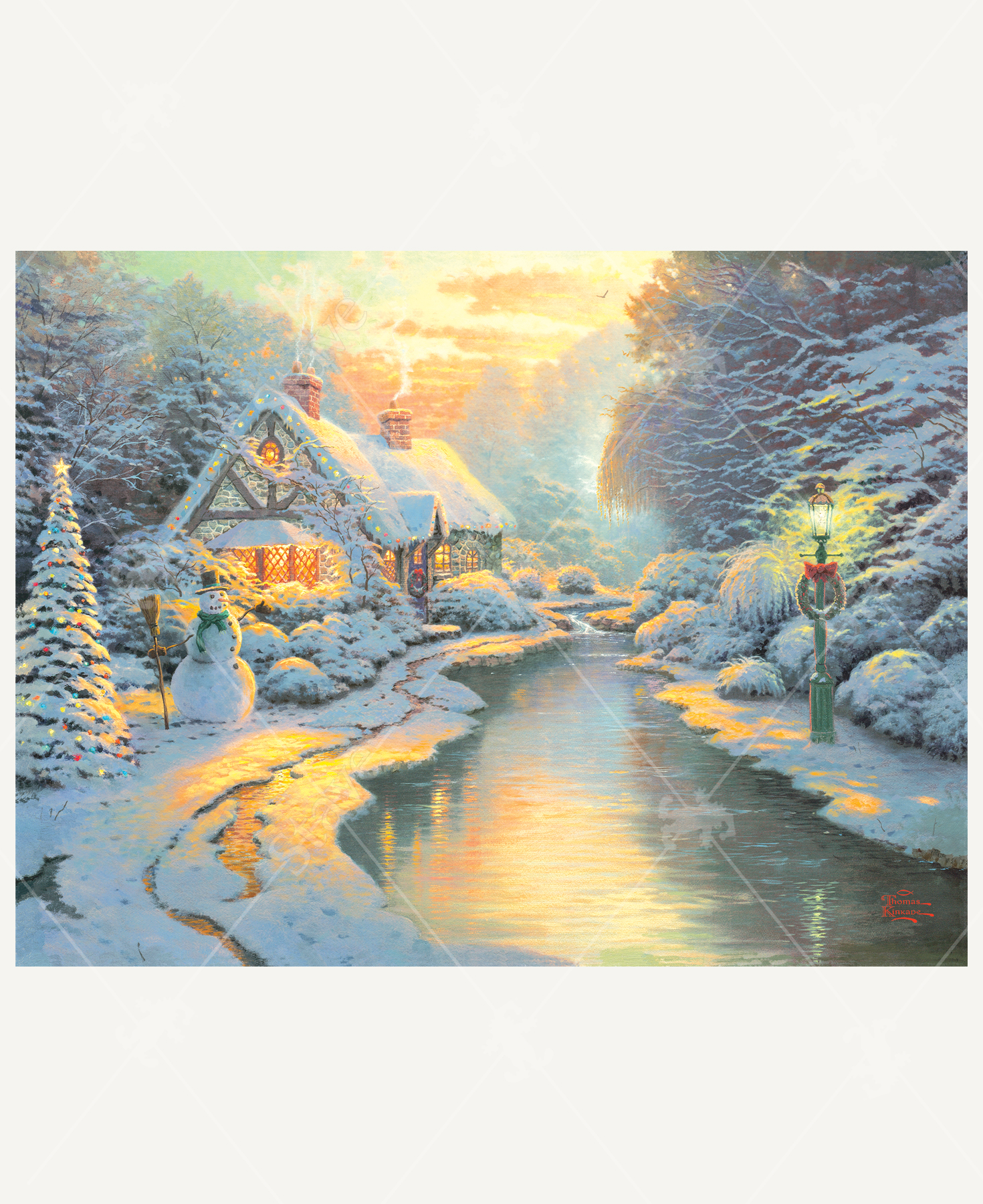 A tranquil Christmas Eve scene by Thomas Kinkade featuring a snow-covered cottage glowing warmly in the light of a golden sunset. Festive lights adorn the roof and an evergreen tree, while smoke drifts from the chimneys. A cheerful snowman stands near a snow-lined stream reflecting the warm light, and a lamppost decorated with a wreath adds charm. The landscape is blanketed in snow, surrounded by frosted trees and a peaceful atmosphere.