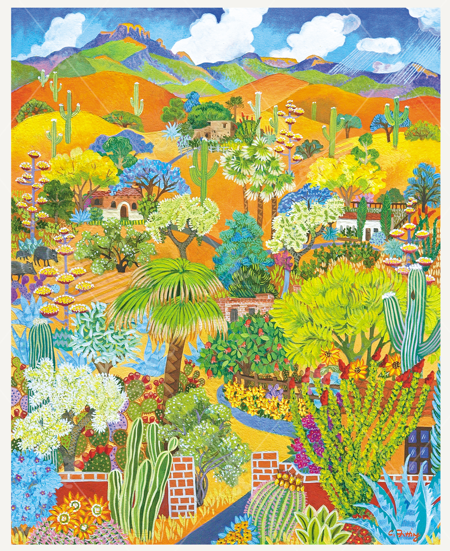 Desert Gardens wooden jigsaw puzzle uncovers a desert full of life with cacti, trees, and many different desert plants scattered throughout the landscape. Houses and brick walls are hidden within the lush vegetation. The rolling hills lead up to mountains and the blue sky in the distance.
