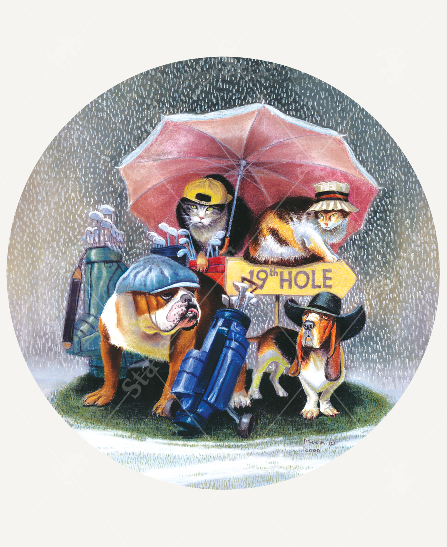 Group of cats and dogs caught in a heavy rainstorm on the 19th hole of a golf course underneath a bright pink umbrella.