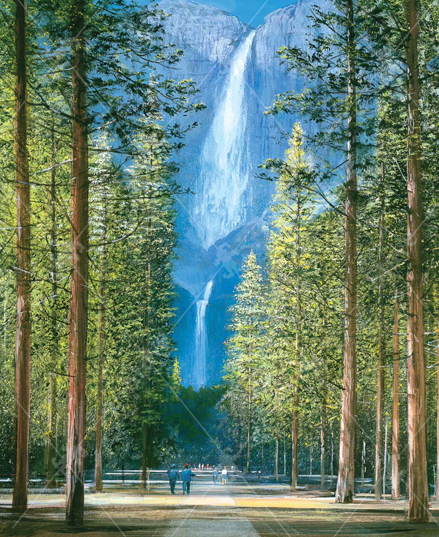 Close-up of Yosemite Falls View wooden jigsaw puzzle uncovering a trail with people walking towards a waterfall. Pine trees stretch tall on both sides of the trail, with a clear view of the falls in the center.