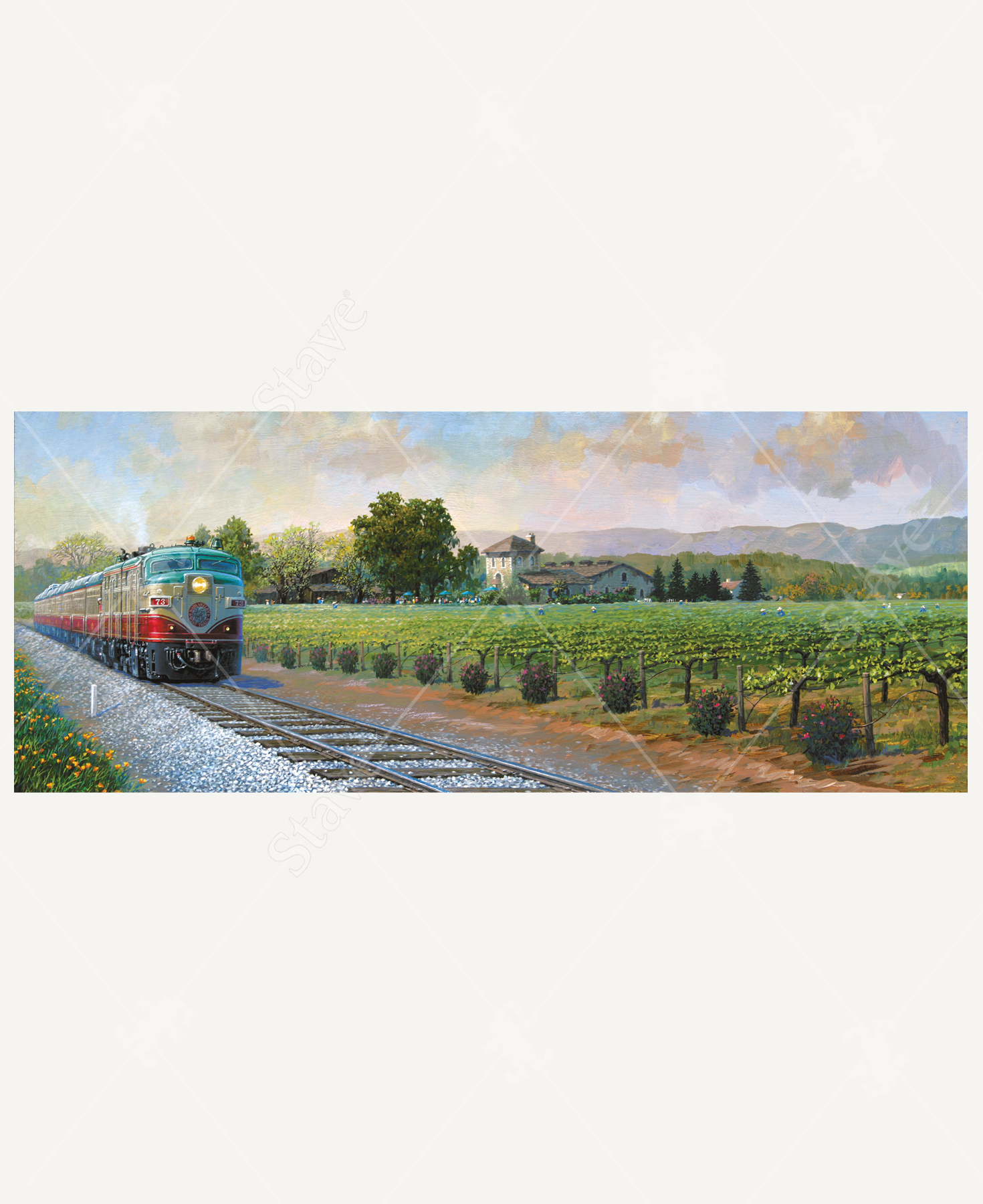 Napa Train wooden jigsaw puzzle features a train driving pass a vineyard where people are gathered by the winery and workers are out picking grapes in the field.