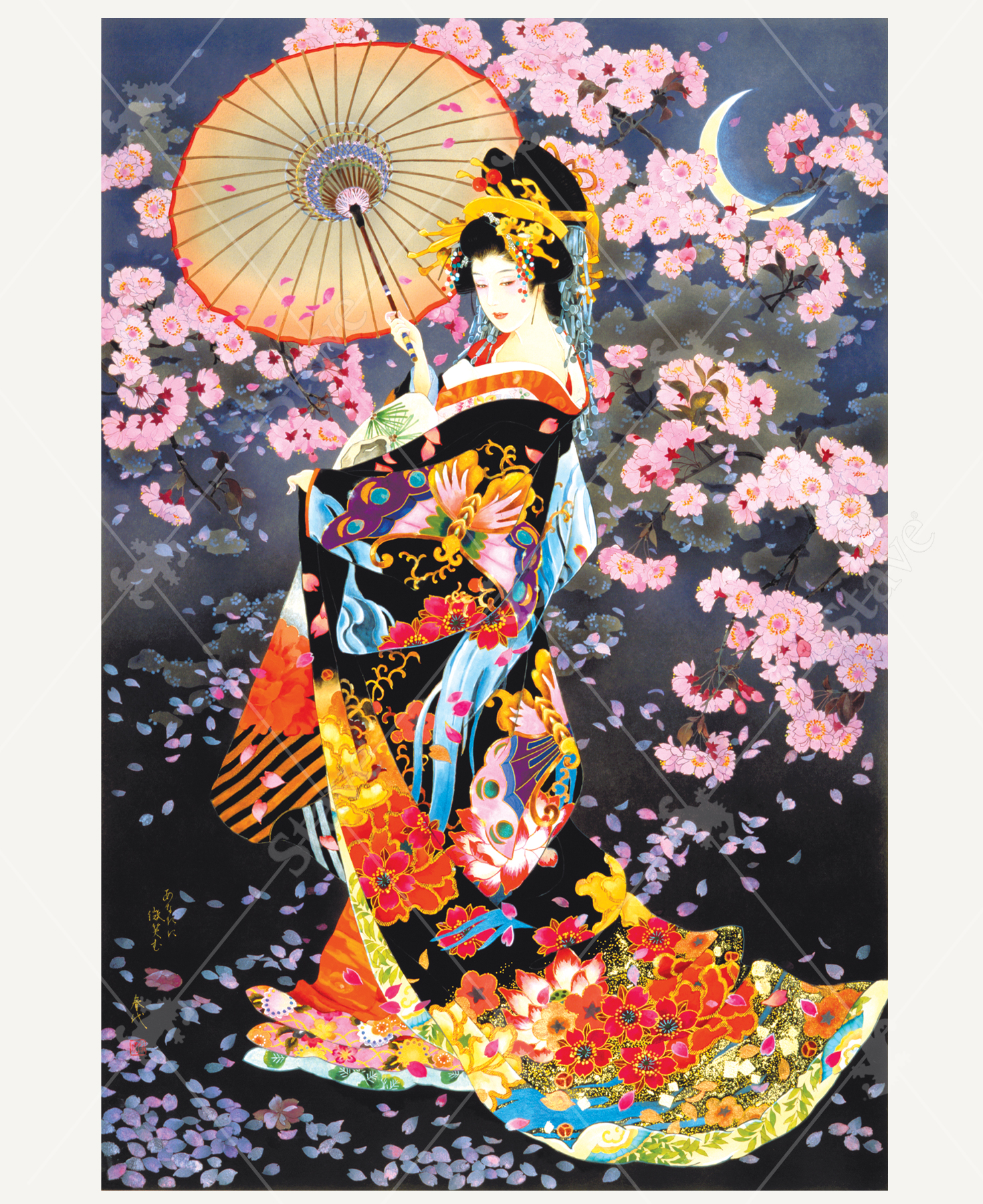 An elegant woman standing beneath a moonlit night sky, dressed in a flowing black kimono decorated with butterflies and red cherry blossoms. She holds a traditional paper umbrella and has an intricately styled hairstyle adorned with ornate hairpins. A soft crescent moon glows above, illuminating a dense canopy of pink cherry blossoms.