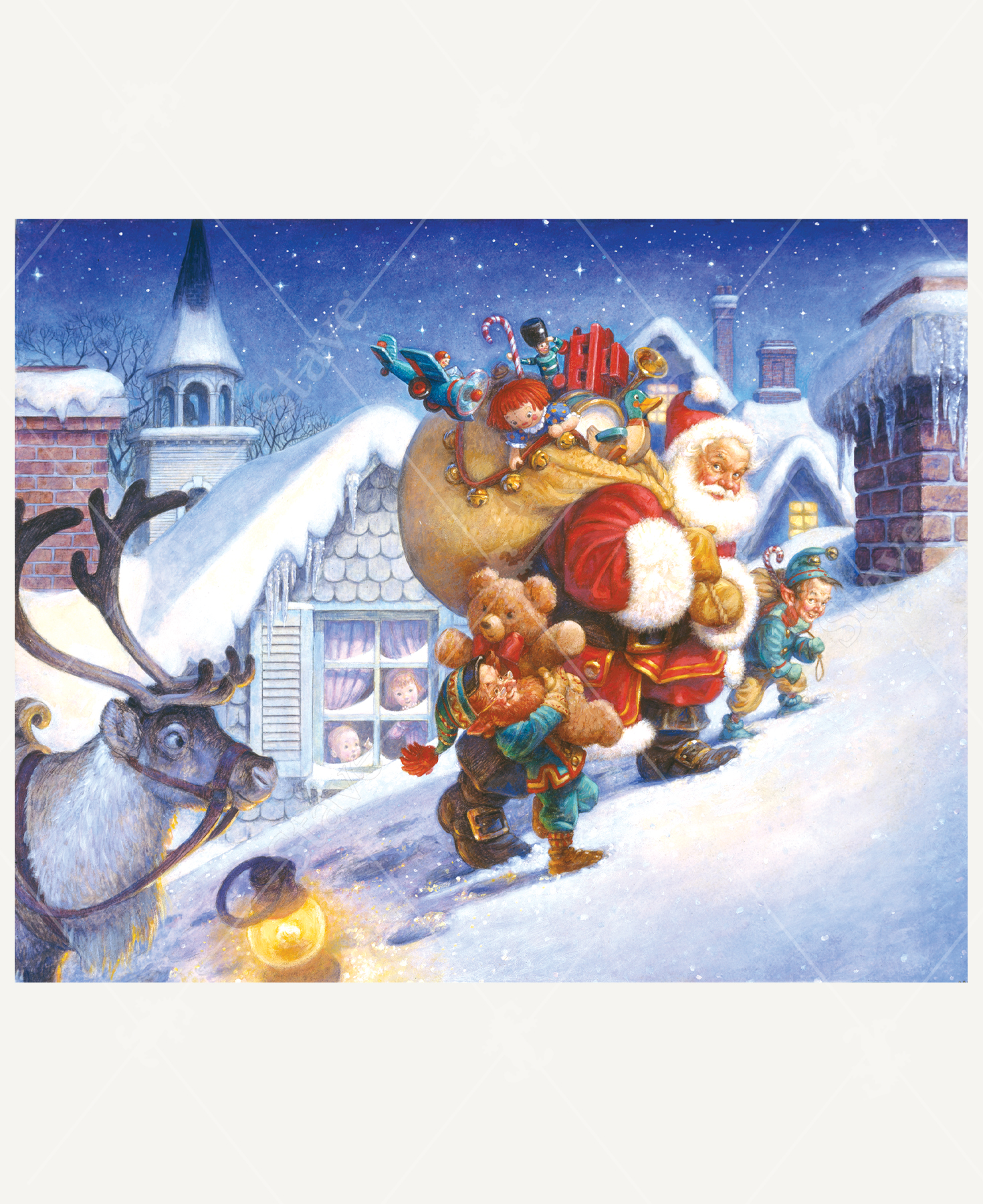 Puzzle featuring the artwork "Up On The Rooftop" by Scott Gustafson, portraying Santa and two elves carrying presents up a rooftop, with a smiling reindeer below and two young children peering out the window, one pointing at Santa.