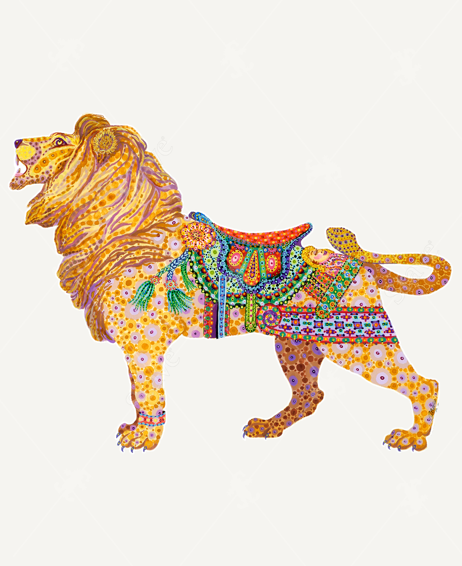 Hear Me Roar wooden jigsaw puzzle presents a lion standing in a mighty pose while wearing a saddle on its back. The lion and saddle are decorated with colorful dots, creating a pointillism look.
