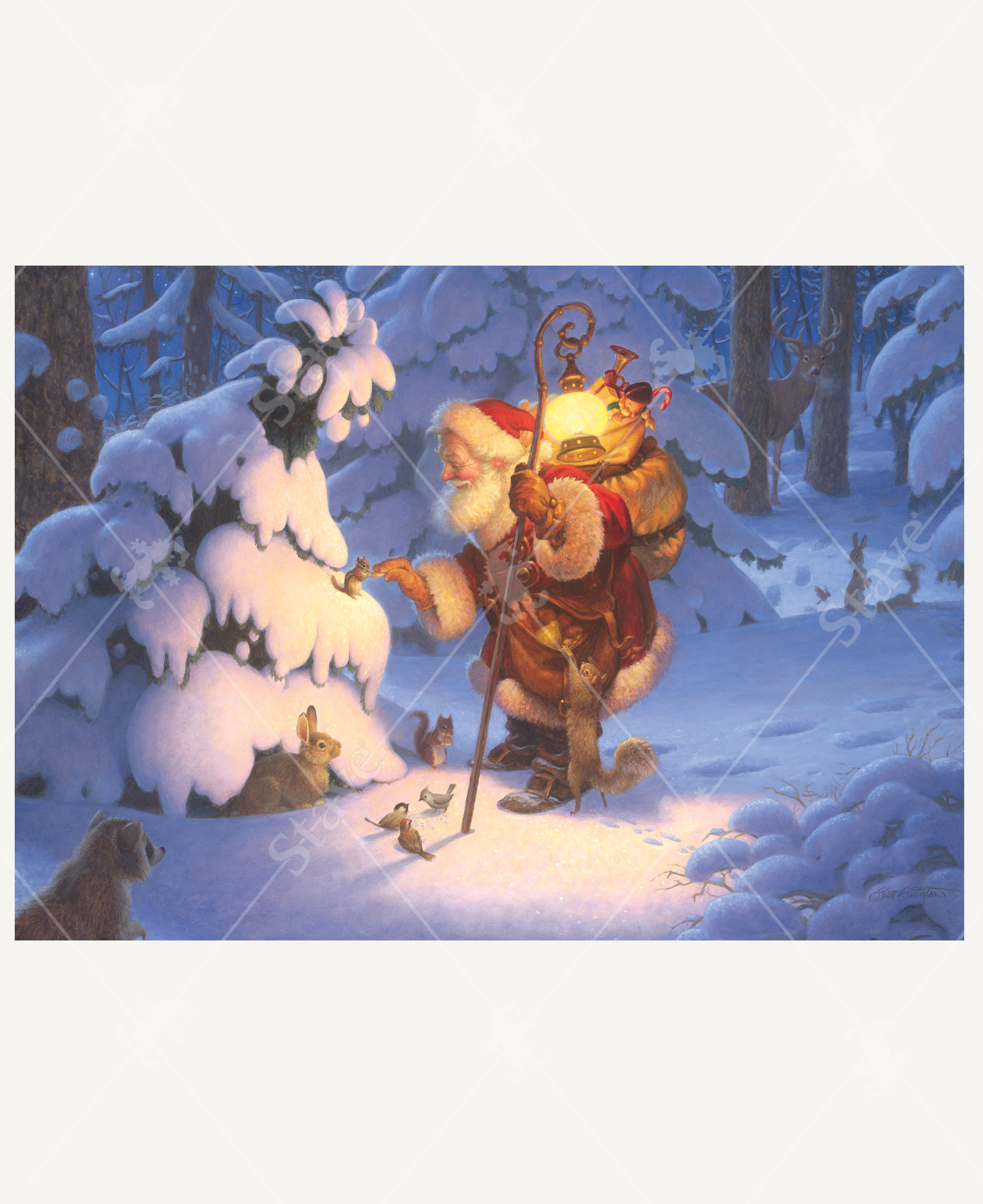 Santa Claus in a snowy forest surrounded by deer, rabbits, squirrels, raccoons, and birds, with snow-covered trees.