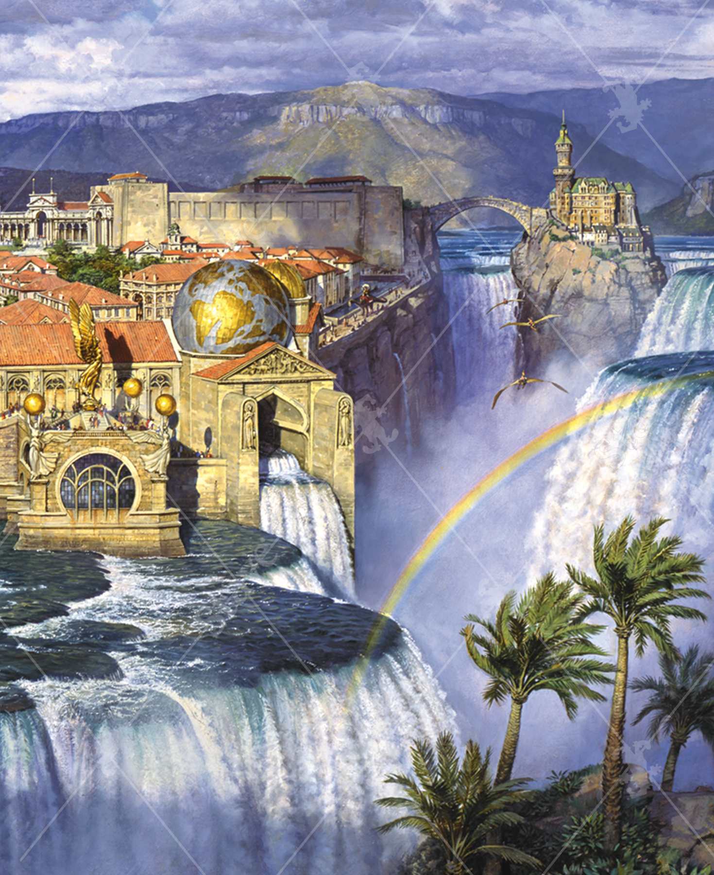 Close-up of Waterfall City wooden jigsaw puzzle transporting viewers back to prehistoric times, where a civilization is built amid rapid waterfalls with mountains in the distance. Houses, temples, and other structures are encompassed in tall stone walls. Clouds fill the sky, with the sun peaking out enough to form a rainbow that stretches across the water. From each side of the city, pterodactyls fly above the roaring waters.
