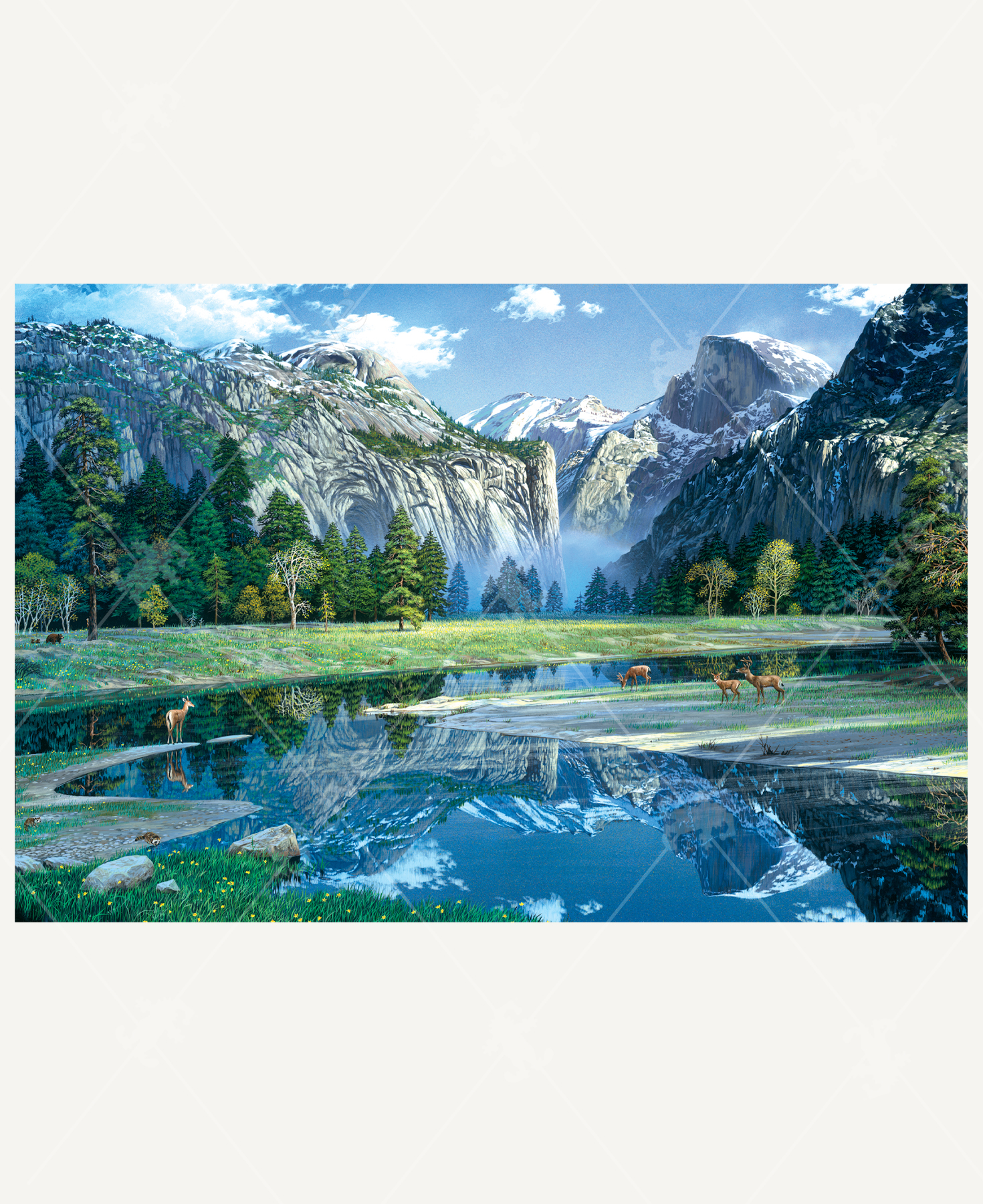 Yosemite Spring wooden jigsaw puzzle unveils a spring located within the snow-capped mountains of Yosemite National Park. Deer gather by the water as a family of bears and raccoons make their journey toward the spring. The crystal clear water creates a mirror effect as it reflects the mountains and blue sky.