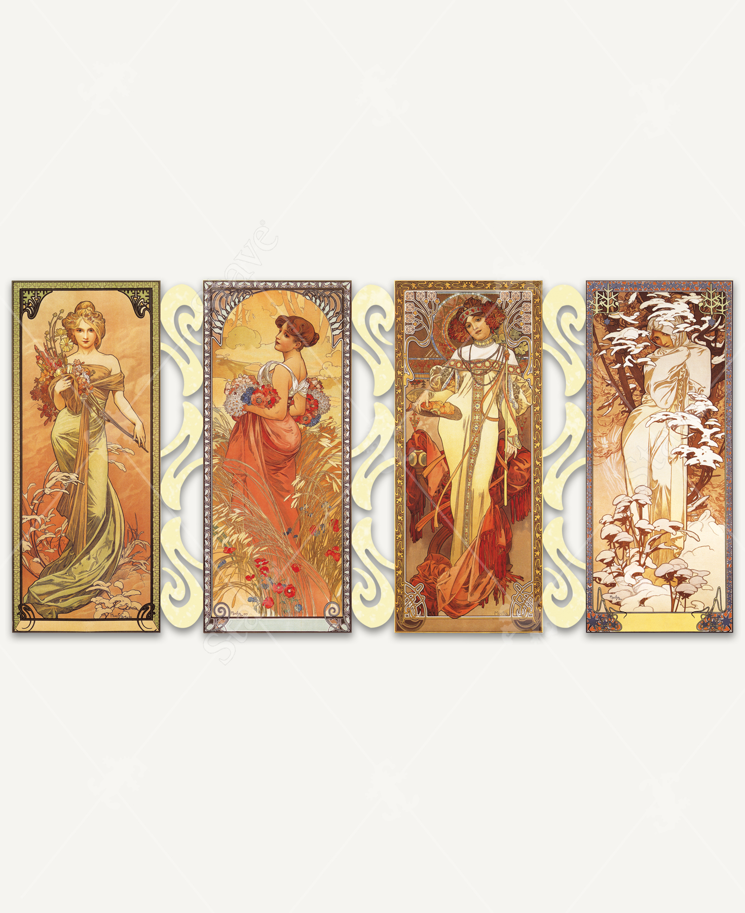 Alphonse Mucha’s impressionist style, depicting the four seasons—spring, summer, autumn, and winter. Each season is represented within its own ornate frame, featuring graceful figures that reflect the mood and essence of the time of year.