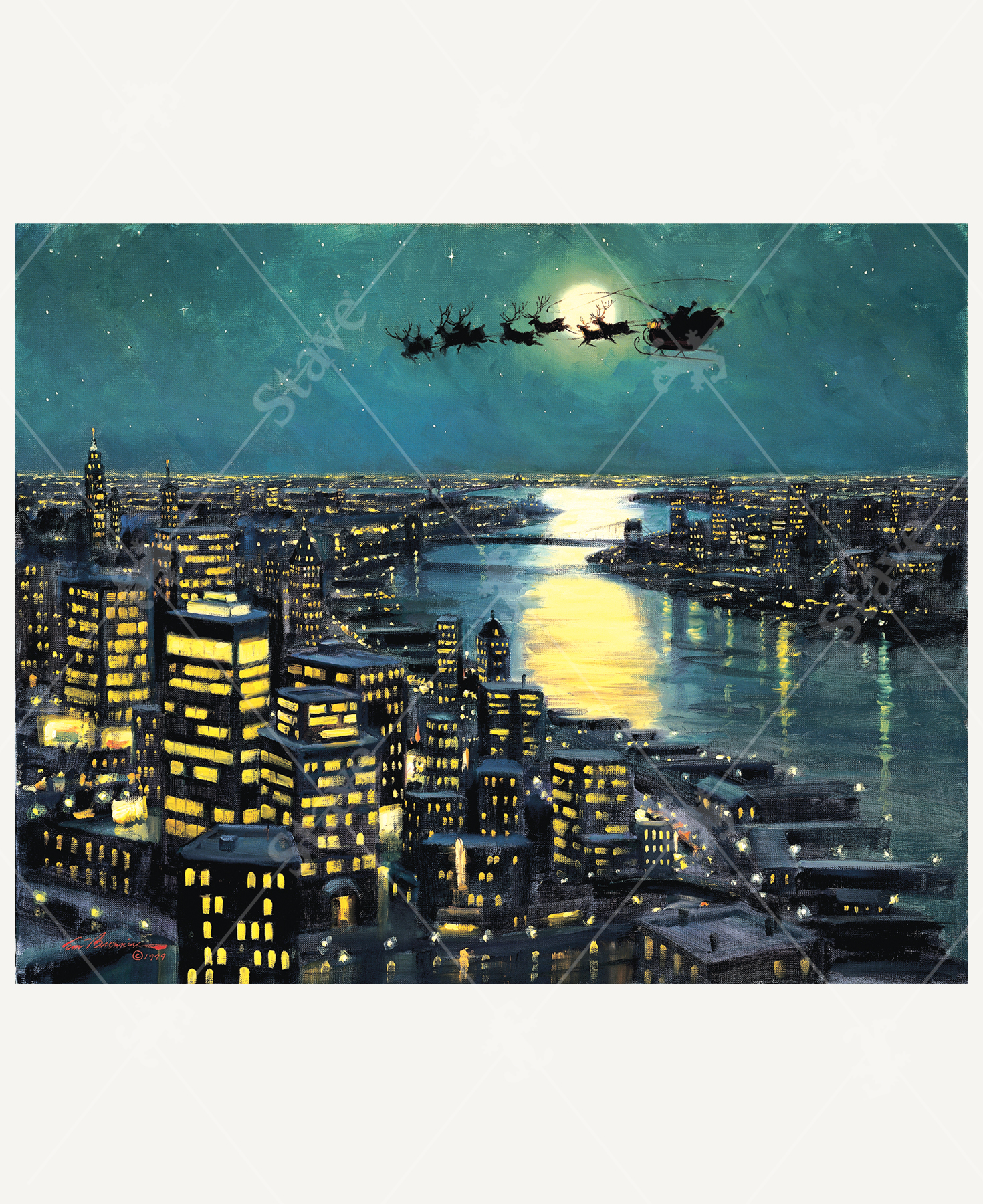 Santa flying over the moon in his sleigh with eight reindeer, cracking his whip above the Hudson River, with a glowing skyline of apartment lights below, painted in oil by Tom Browning.