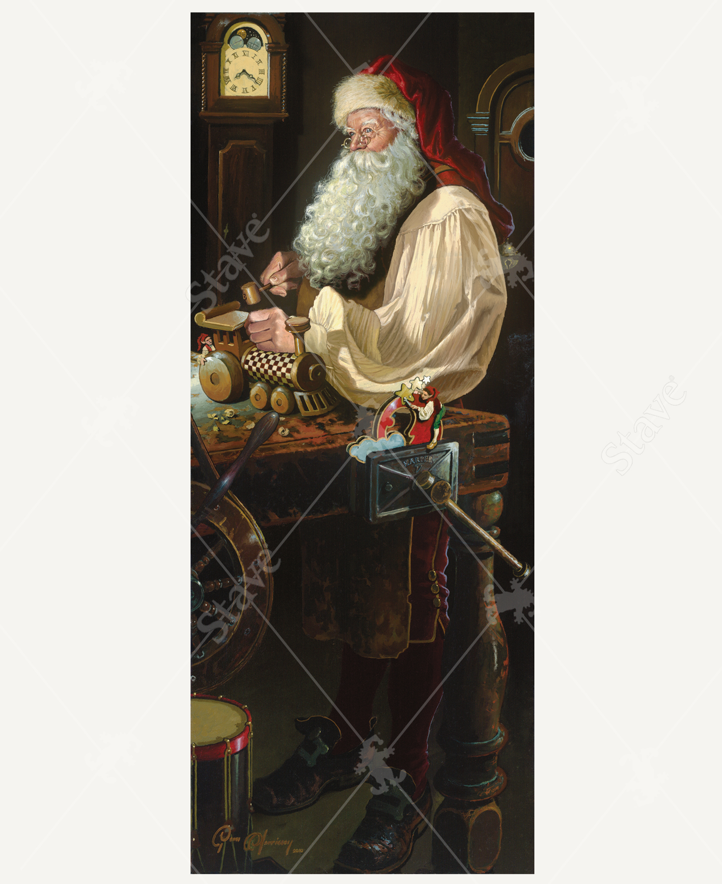 Santa Claus stands at his wooden workbench, hammering a wooden train while a curly beard spills down his chest. One elf holds the train’s wheel, another tightens a bolt on a red figure rising from a cloud. Santa looks up as if someone has just entered the workshop.