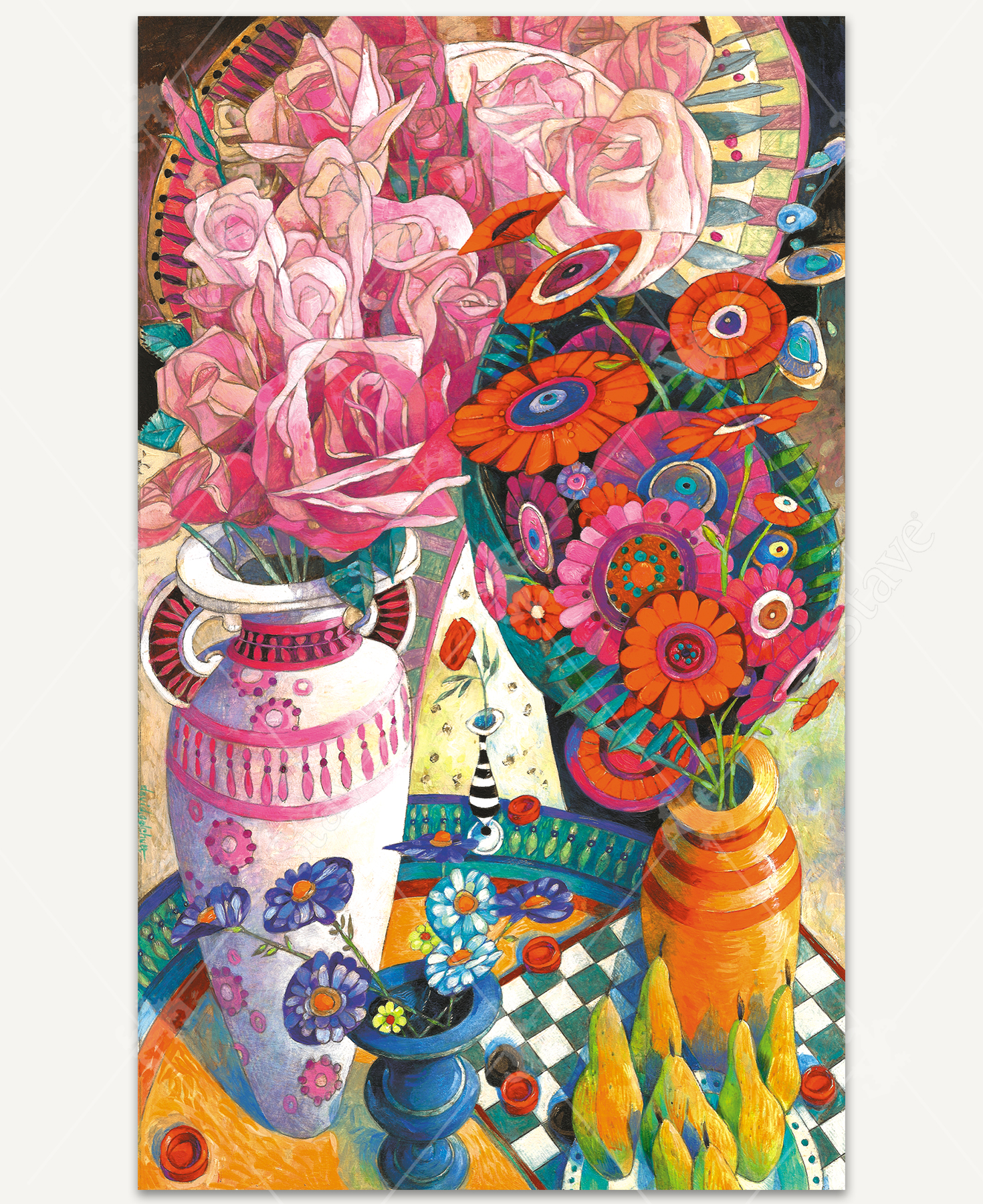 Crowning Glory wooden jigsaw puzzle presents a still life of botanicals in four different size vases, arranged based on color of pink, orange, blue and red, sitting on a table with a plate of pears on top of a checkerboard. Checker pieces are scattered around the table.