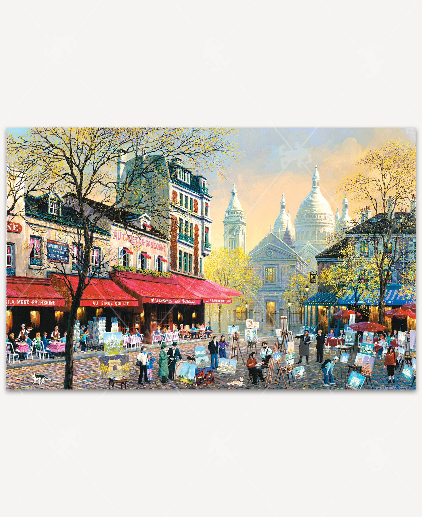 Paris Artist Square wooden jigsaw puzzle shows the heart of Montmartre where artists set up their easels in the center square, surrounded by historic buildings and cobblestone streets.