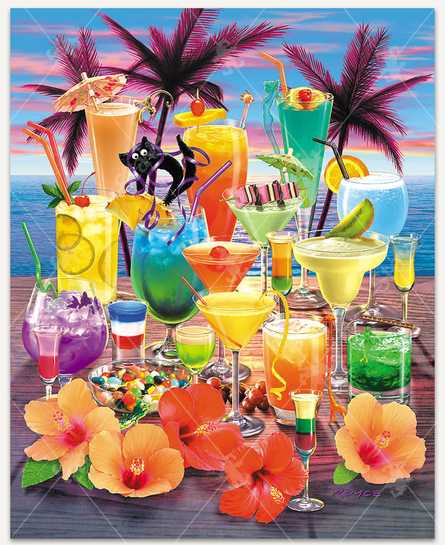 5 O'clock Somewhere wooden jigsaw puzzle presents a vibrant display of cocktails on a wooden table decorated with colorful straws and garnished with fruit. Palm trees and a sunset over the blue ocean fill the background.