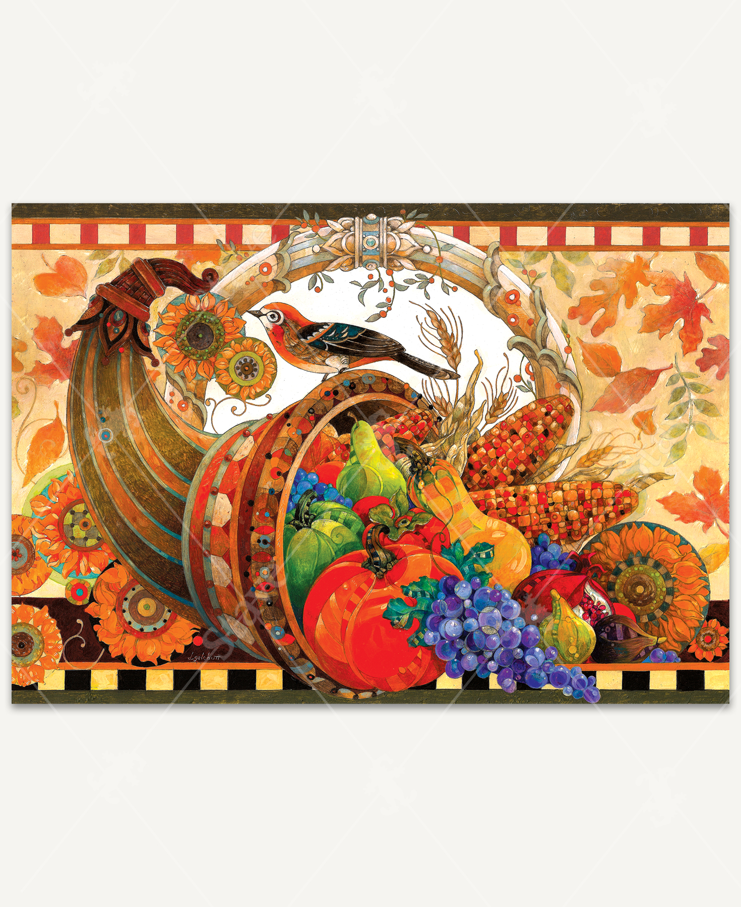 Cornucopia Delights wooden jigsaw puzzle captures a cornucopia full of fruits and vegetables with a bird sitting on top. The background is full of autumn leaves changing colors and sunflowers towards the bottom of the cornucopia. The top and bottom are frames with a repeating box pattern, giving it a movie reel look.