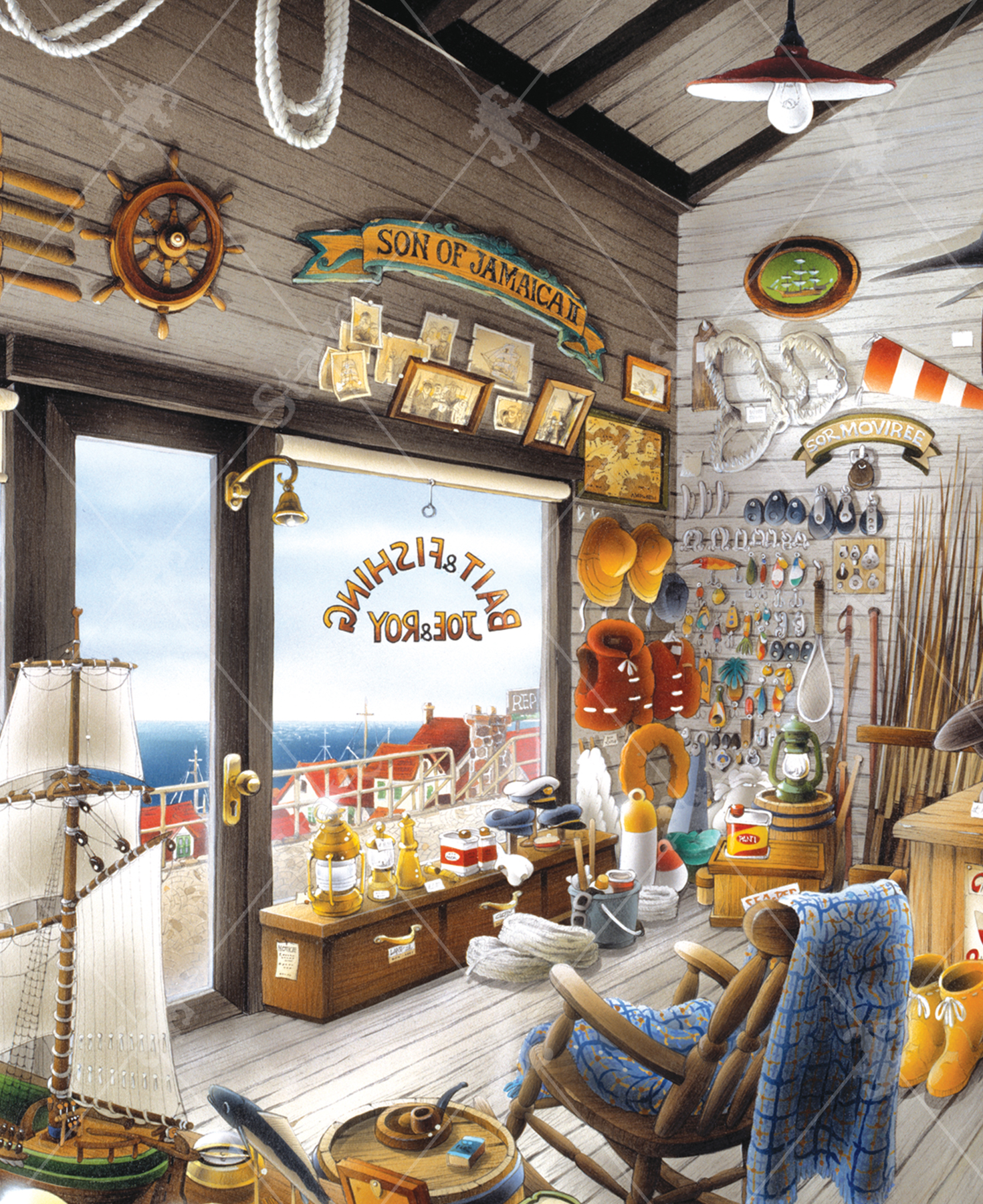 Close-up of Bait Shop wooden jigsaw puzzle displaying the inside of a store full of fishing gear from the floor up to the ceiling. Fishing hooks, life vests, fishing pole, and other gear hang on the wall next to a bookshelf full of even more stuff. In Front of the shelves, boots, oxygen tanks, and oars sit on the floor by a rocking chair.