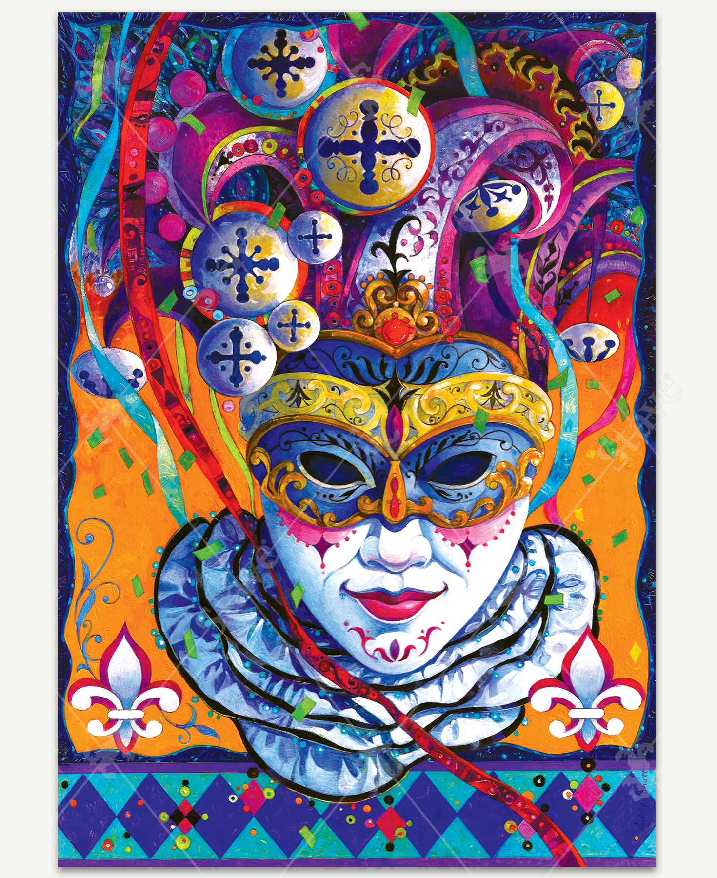 Masking Around wooden jigsaw puzzle displays a mask painted white with pink designs under the eyes and chin, wearing a jester hat full of patterns and bells. Ribbon and confetti is falling throughout the bright orange background. Fleur-de-lis symbols can be seen in the bottom left and right corners.