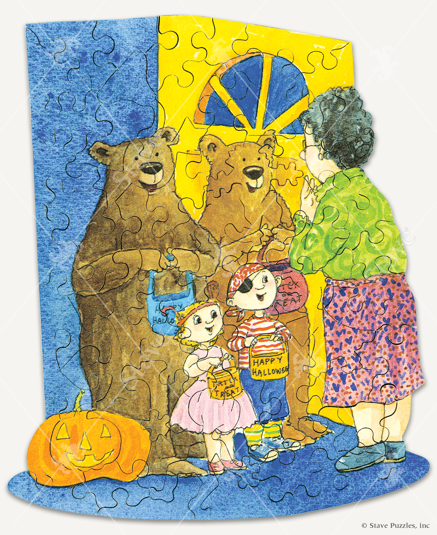 Beary Scary handcrafted wooden jigsaw puzzle of two bears trying to get some Halloween treats by posing as trick or treaters at a doorway.