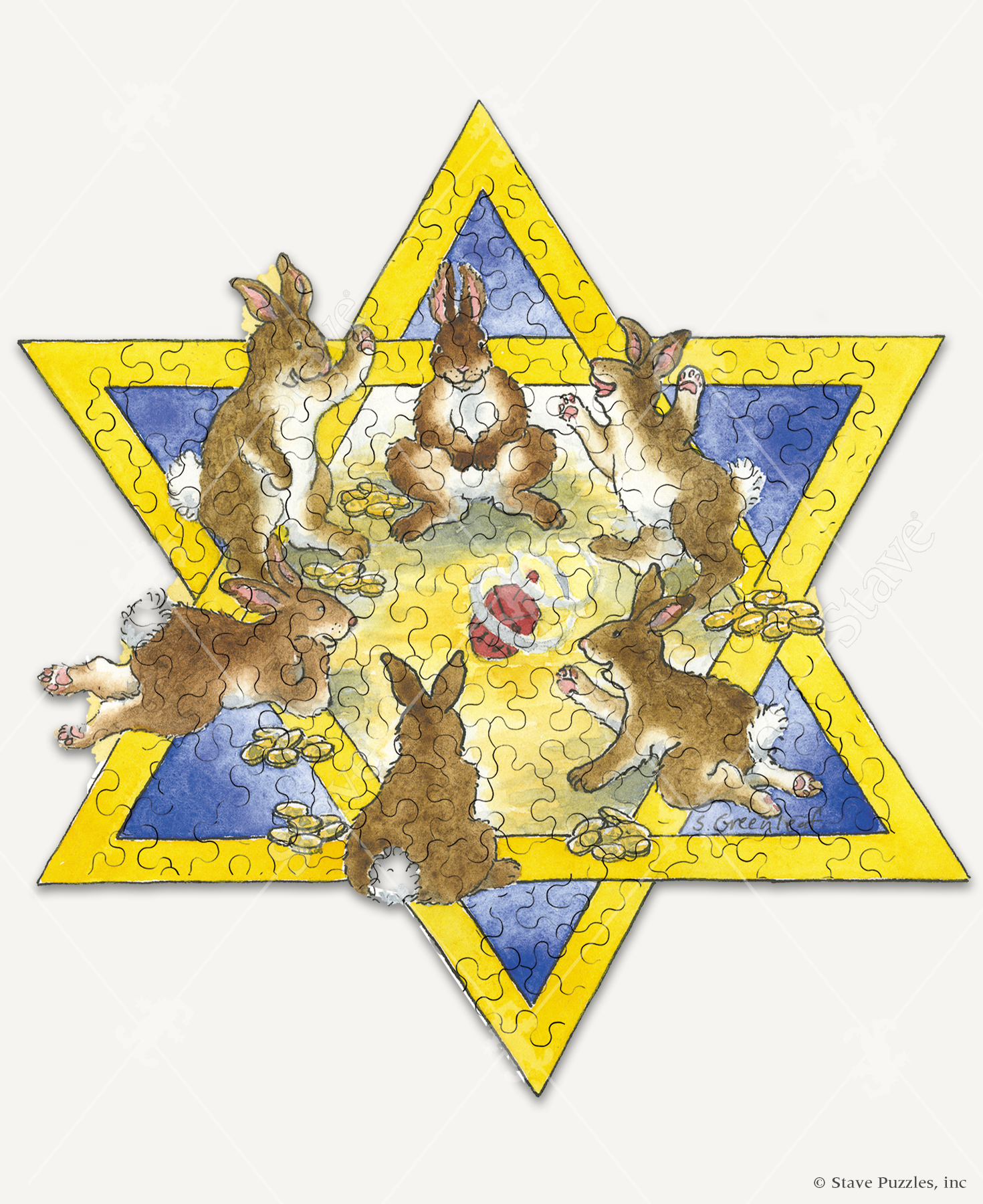 Miracles Happen wooden jigsaw puzzle shows bunnies sitting in a circle inside the Star of David as they play a fun Hanukkah game, with coins piled by their sides. A dreidel can be seen spinning in the center as the bunnies cheer of excitement.
