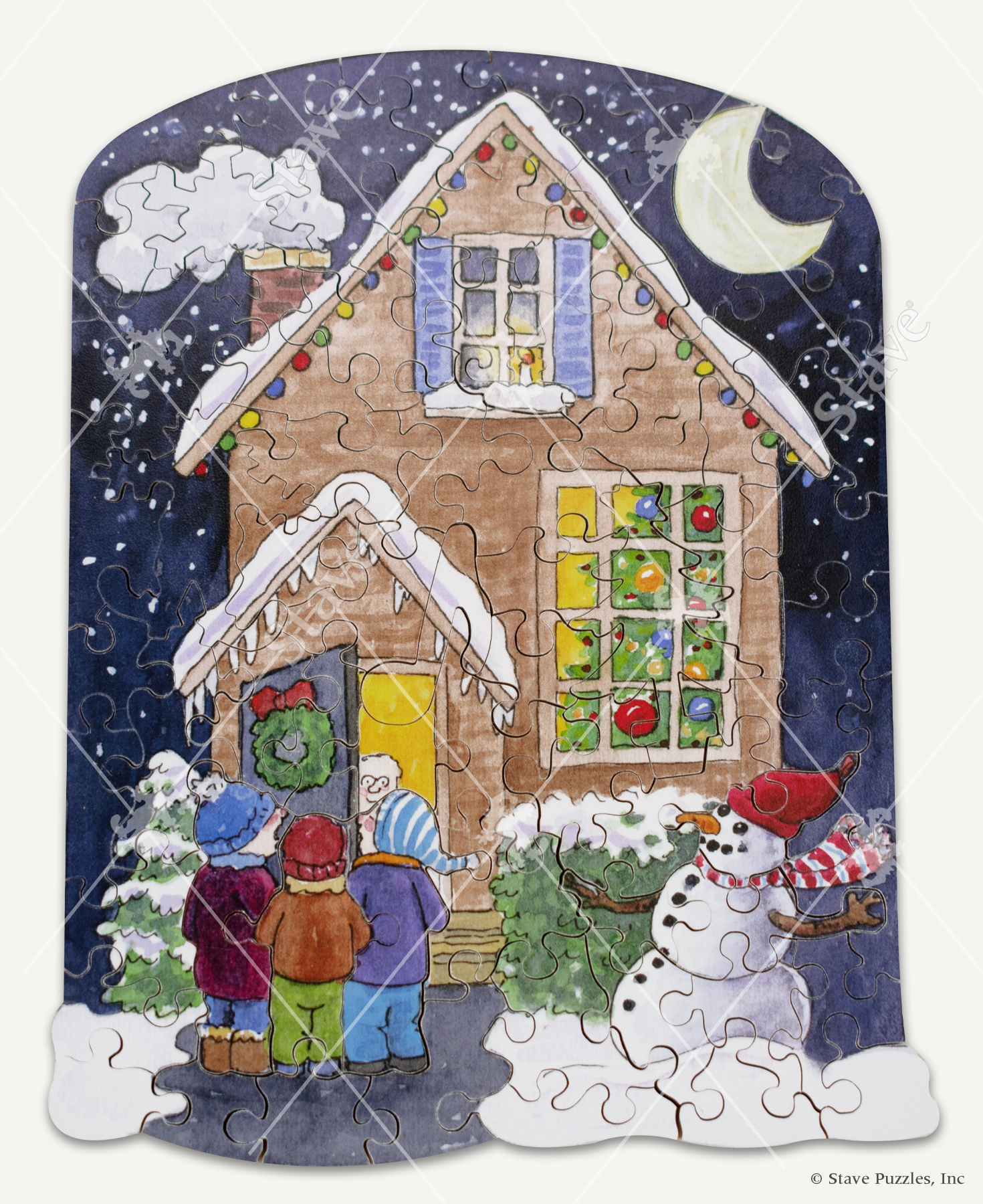 Joyful Noise wooden jigsaw puzzle shows carolers singing outside a festively decorated house at night.