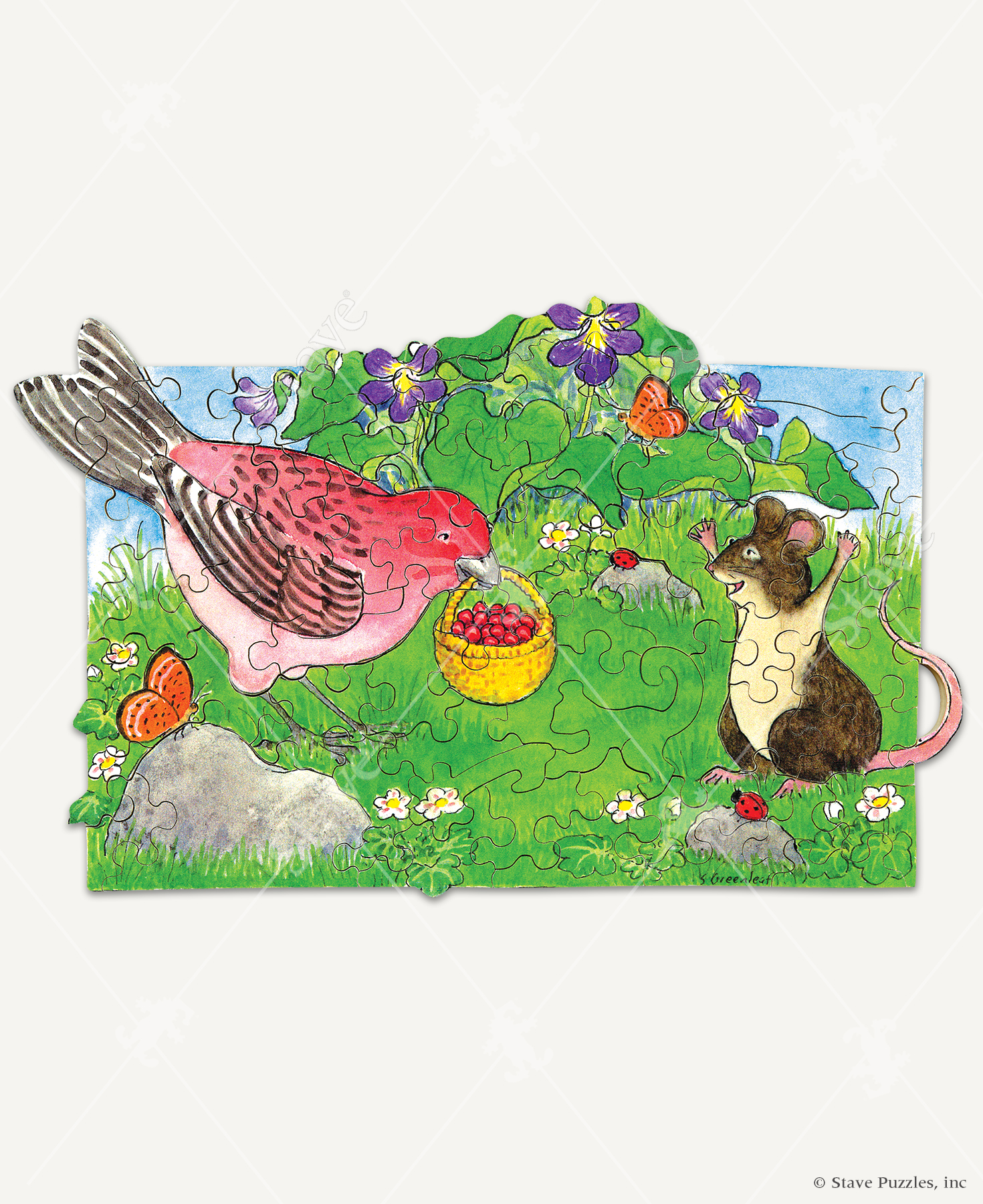 Berry Caring wooden jigsaw puzzle of a bird holding a basket of berries in its beak, sharing them with its mouse friend. The mouse has its arms up in the air as it cheers in happiness. During this spring scene, butterflies and ladybugs watch the two friends as they sit on rocks and a flower bush in the background.