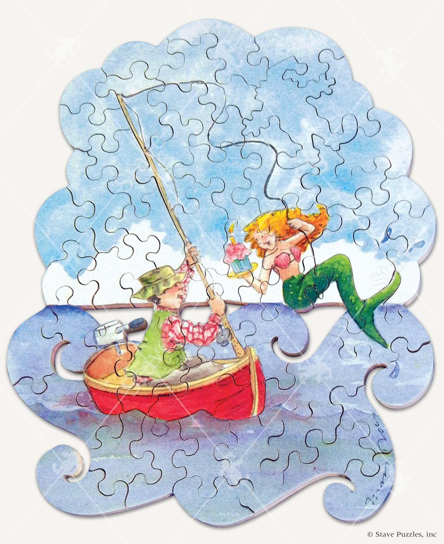Great Catch! wooden jigsaw puzzle features of a fisherman in a small boat who has caught a mermaid holding a cupcake.