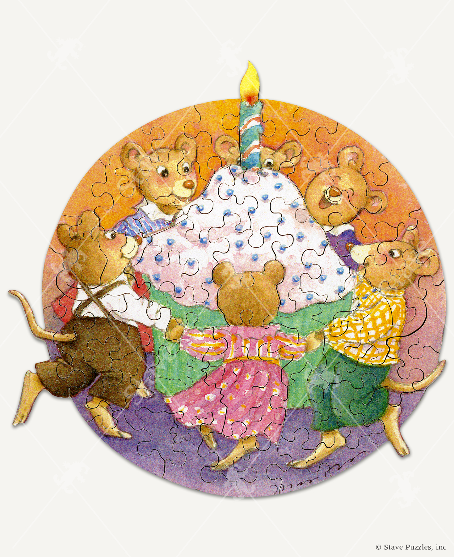 You Take The Cake wooden jigsaw puzzle features a bunch of mice dancing around a large cupcake.