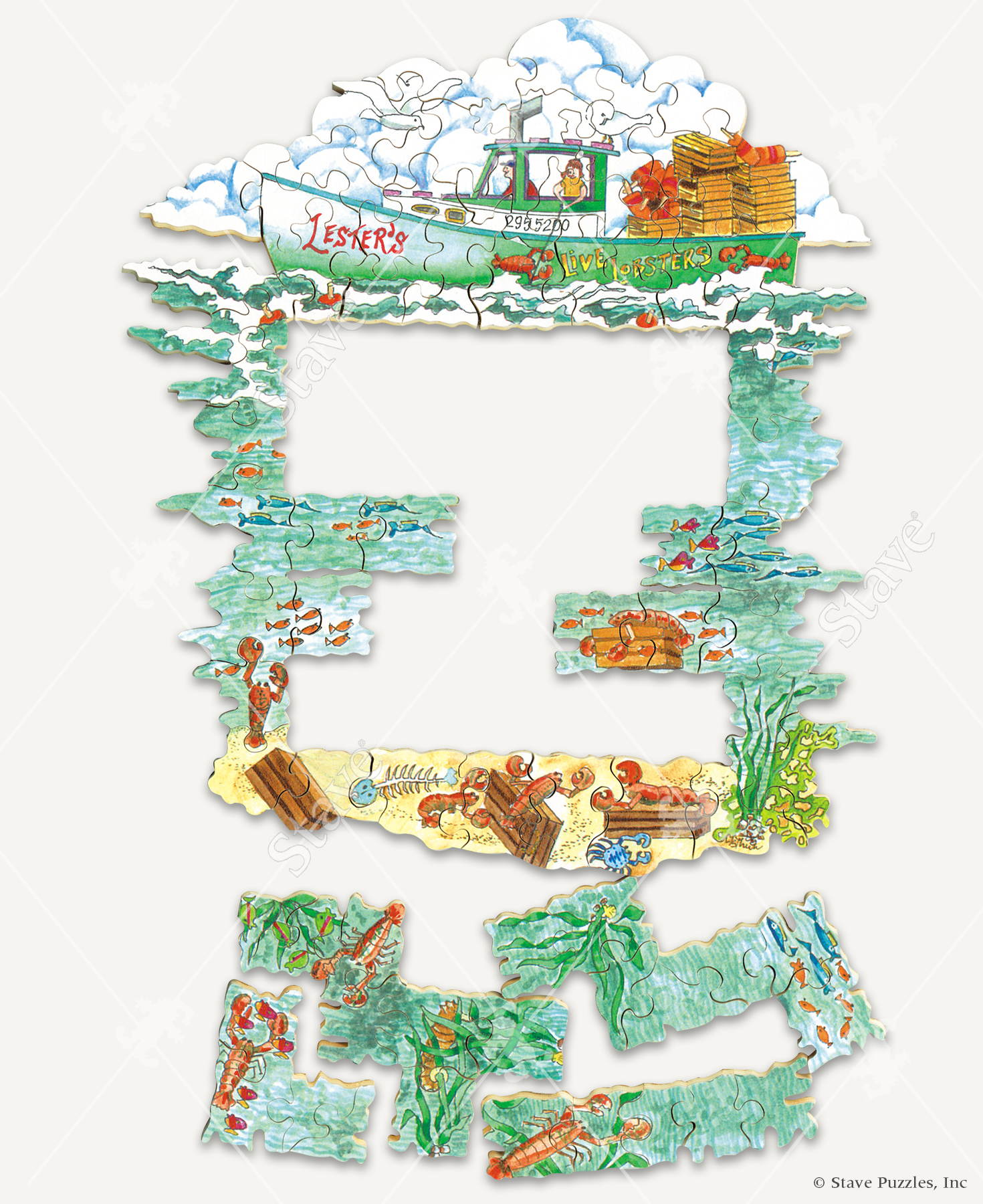 Lobster Lubbers wooden jigsaw puzzle uncovers a man and lady on their boat as they go lobstering. The back off the boat has a pile of lobster traps and buoys, with some traps already being thrown in the water. Below the surface of the water are fish swimming, lobsters crawling over traps, and aquatic plants.