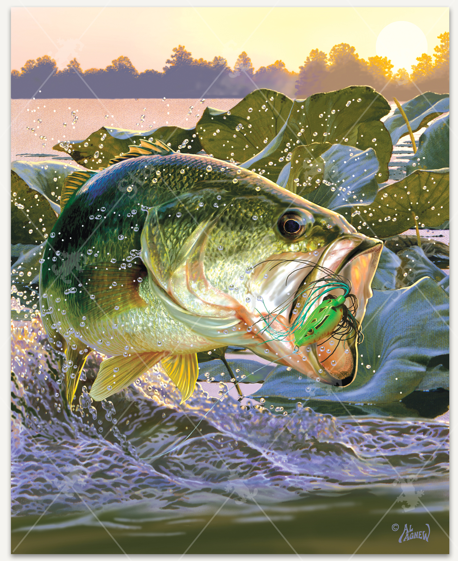 Sunset Explosion puzzle captures a unique perspective of a fish jumping out of the water to catch a fishing hook through the lily pads on a lake while the sun is setting.