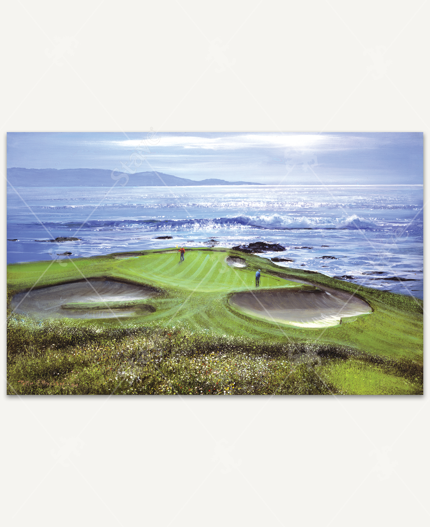 The 7th at Pebble Beach wooden jigsaw puzzle presents a golf course along the coast, where two golfers are putting on the green.