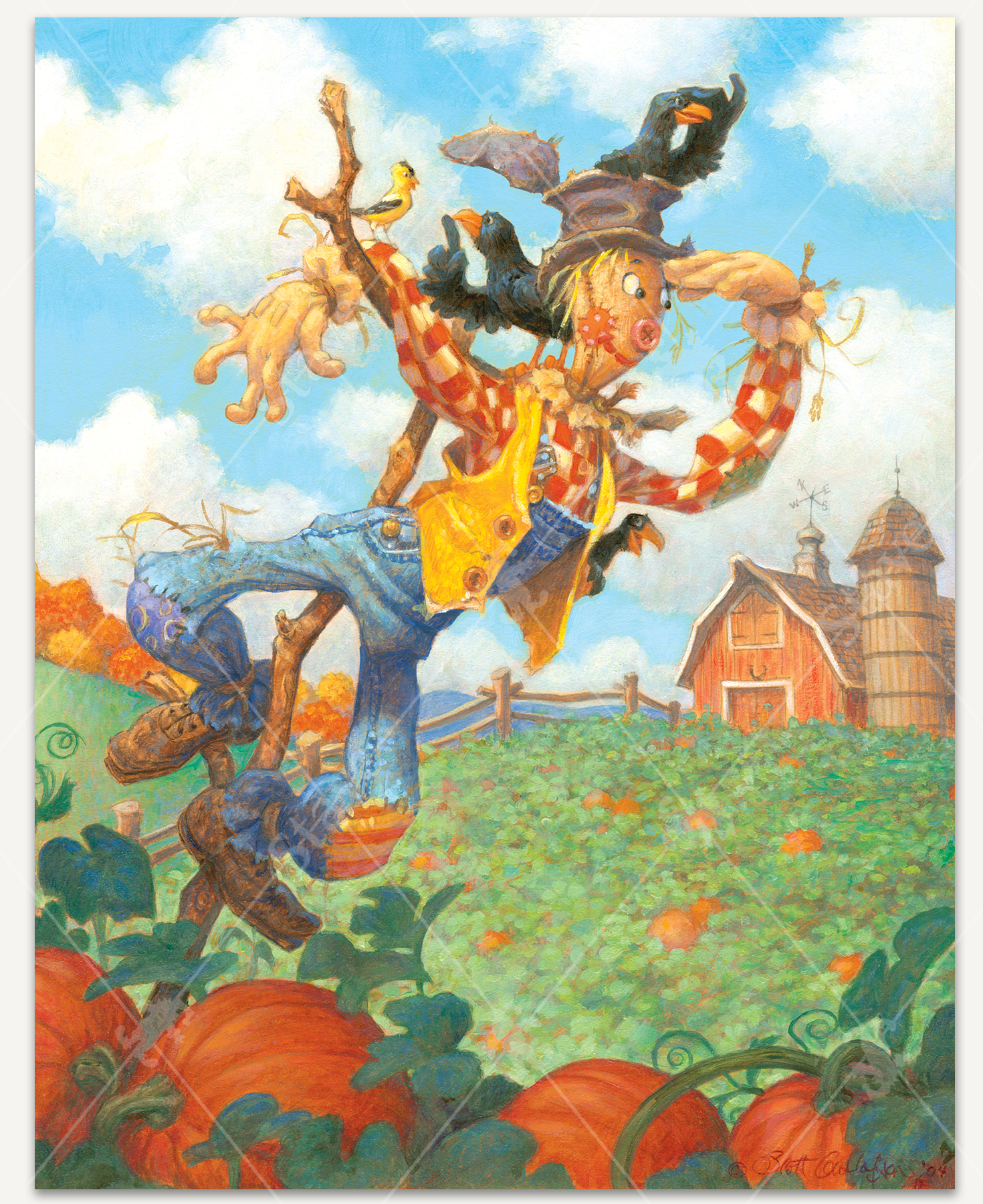 Puzzle of a scarecrow looking out over a field of pumpkins with a barn off in the distance. Crows are perching in its hat and shoulder.