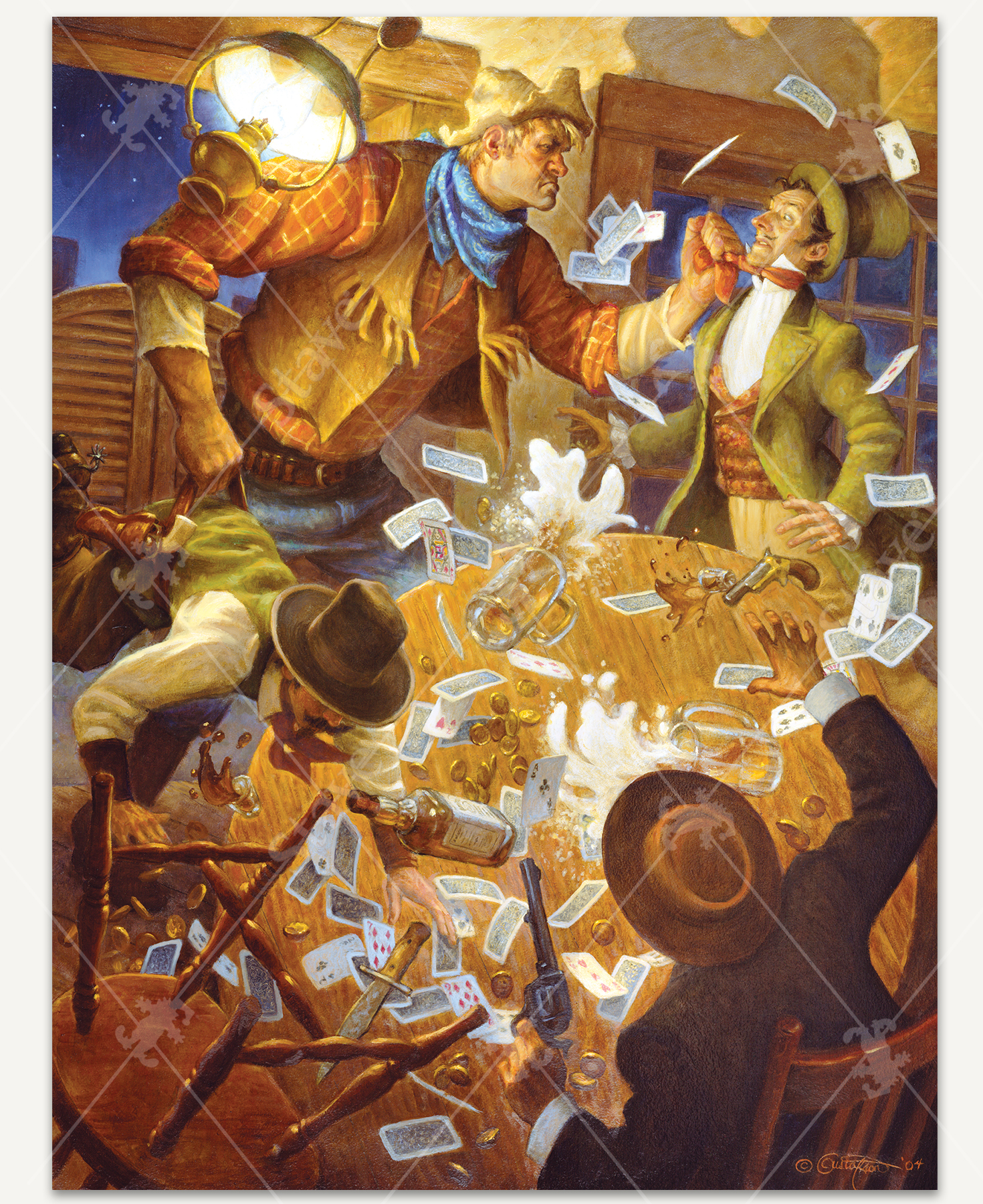 Breckinridge Elkins wooden jigsaw puzzle manifests a rowdy group of cowboys playing a game of cards in a saloon. One of the cowpoke has a crotchety look on his face as he flips the table over and holds one card player by the back of his belt and another player by his necktie. Cards, beer, and money fly off the table, creating a big mess.
