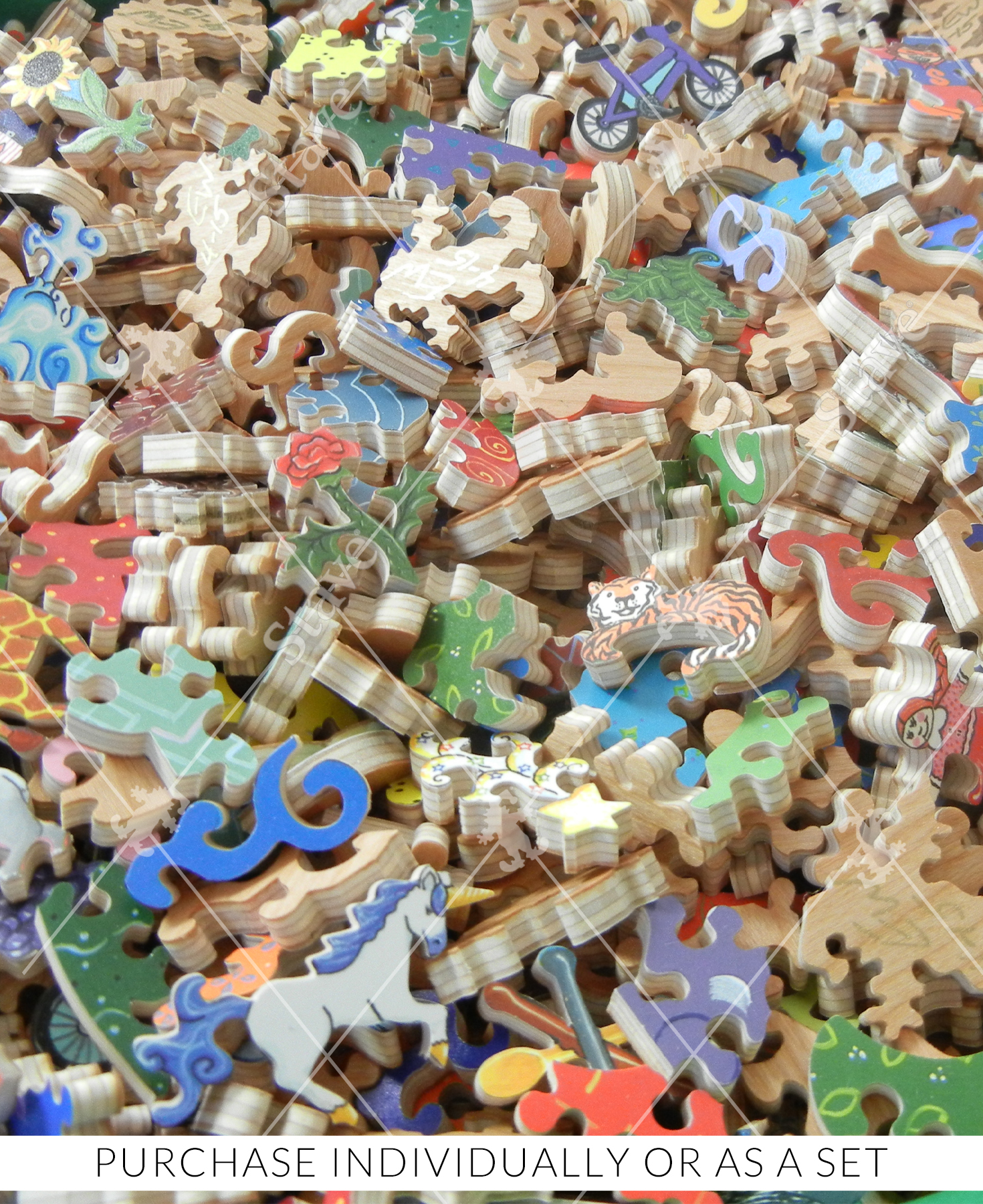 Close up on pile of puzzle pieces taken apart from Alphabet Soup Collection.
