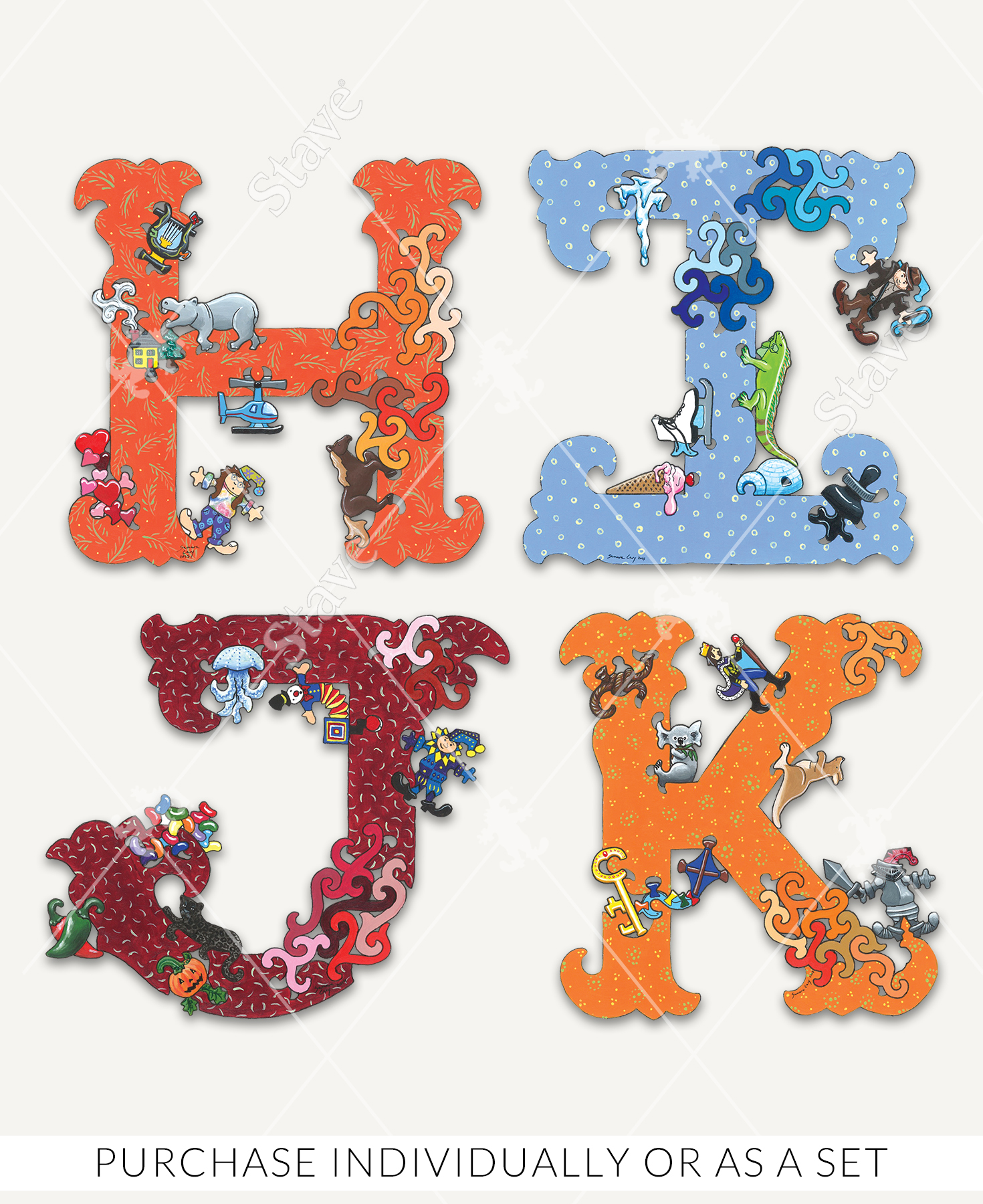 Letters H, I, J, and K from the Alphabet Soup wooden jigsaw puzzle collection.