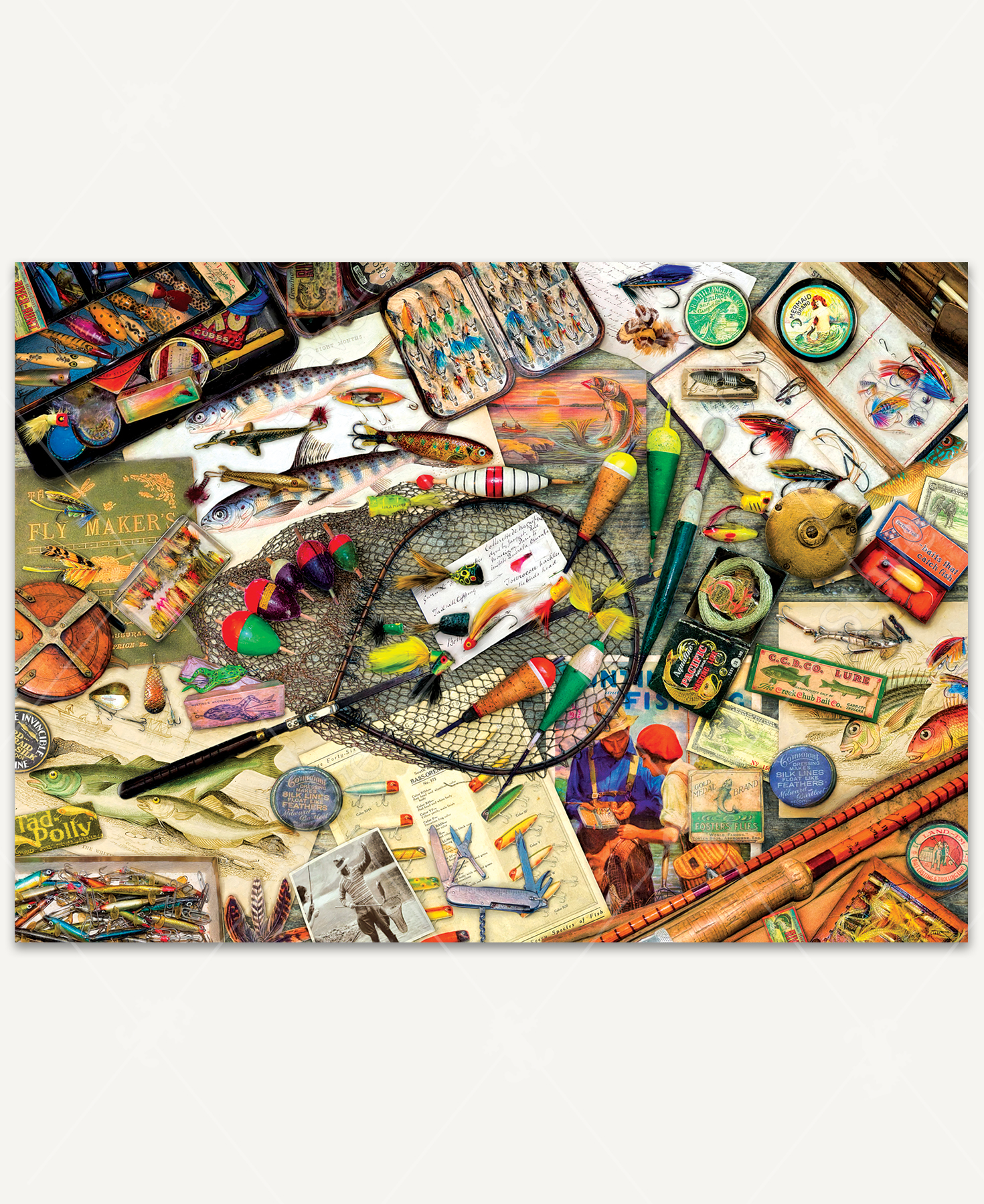 The Hook, Line, and Sinker puzzle showcases a table brimming with colorful lures, bobbers, tackle boxes, and charming fishing memorabilia.