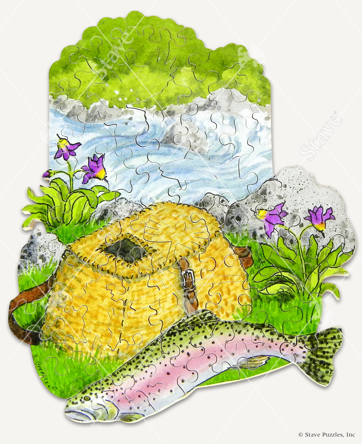 Catch A Rainbow wooden jigsaw puzzle of a fish laying in the grass next to a fishing basket and blossomed flowers, as a river flows in the background.