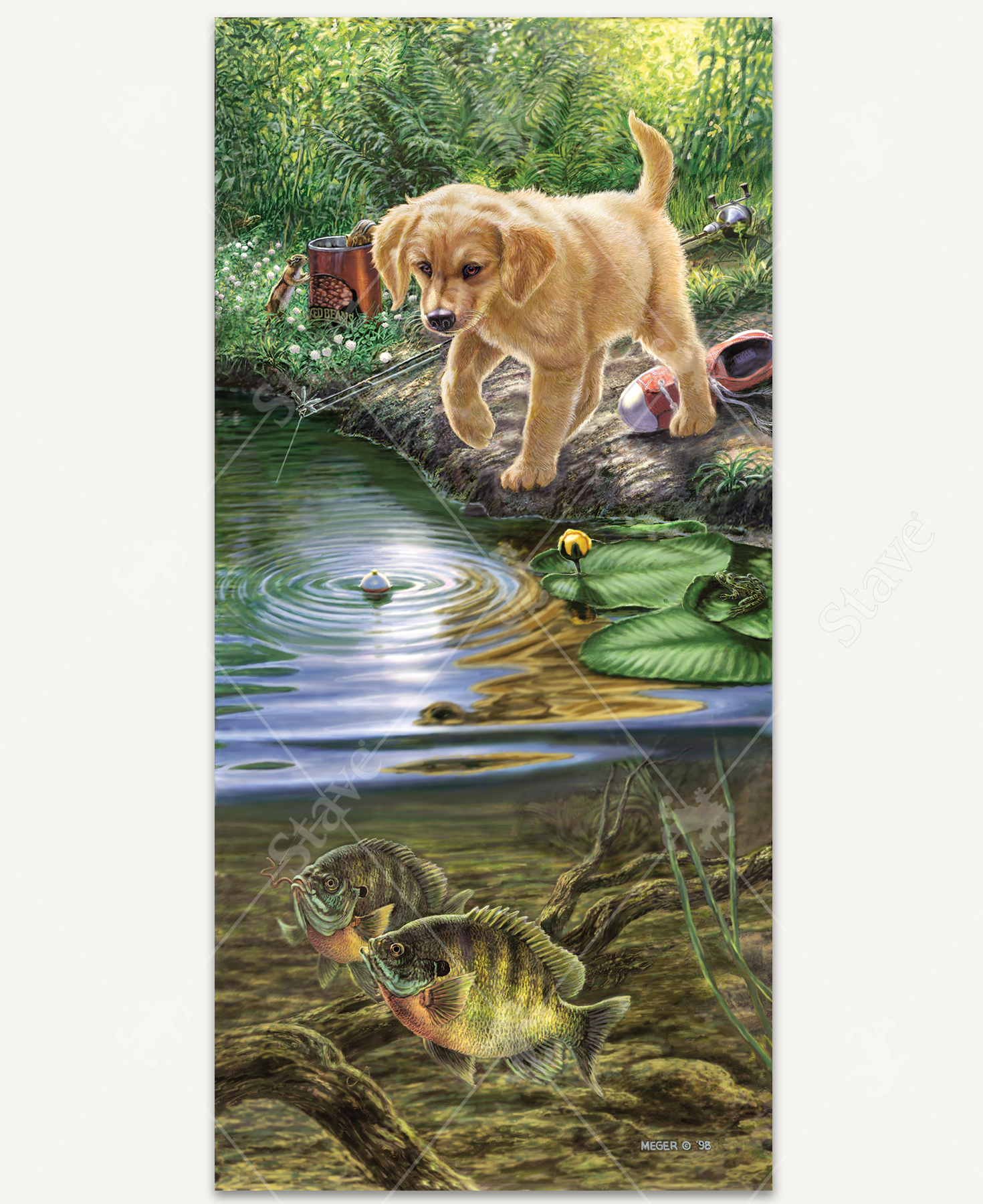 Nibbles wooden jigsaw puzzle captures an image above and below the surface of a body of water, featuring a Labrador Retriever puppy standing at the edge of the water with a fishing pole lying on the ground next to it. A fishing bobber is floating in the water as two fish swim towards the fishing hook with a worm on it.