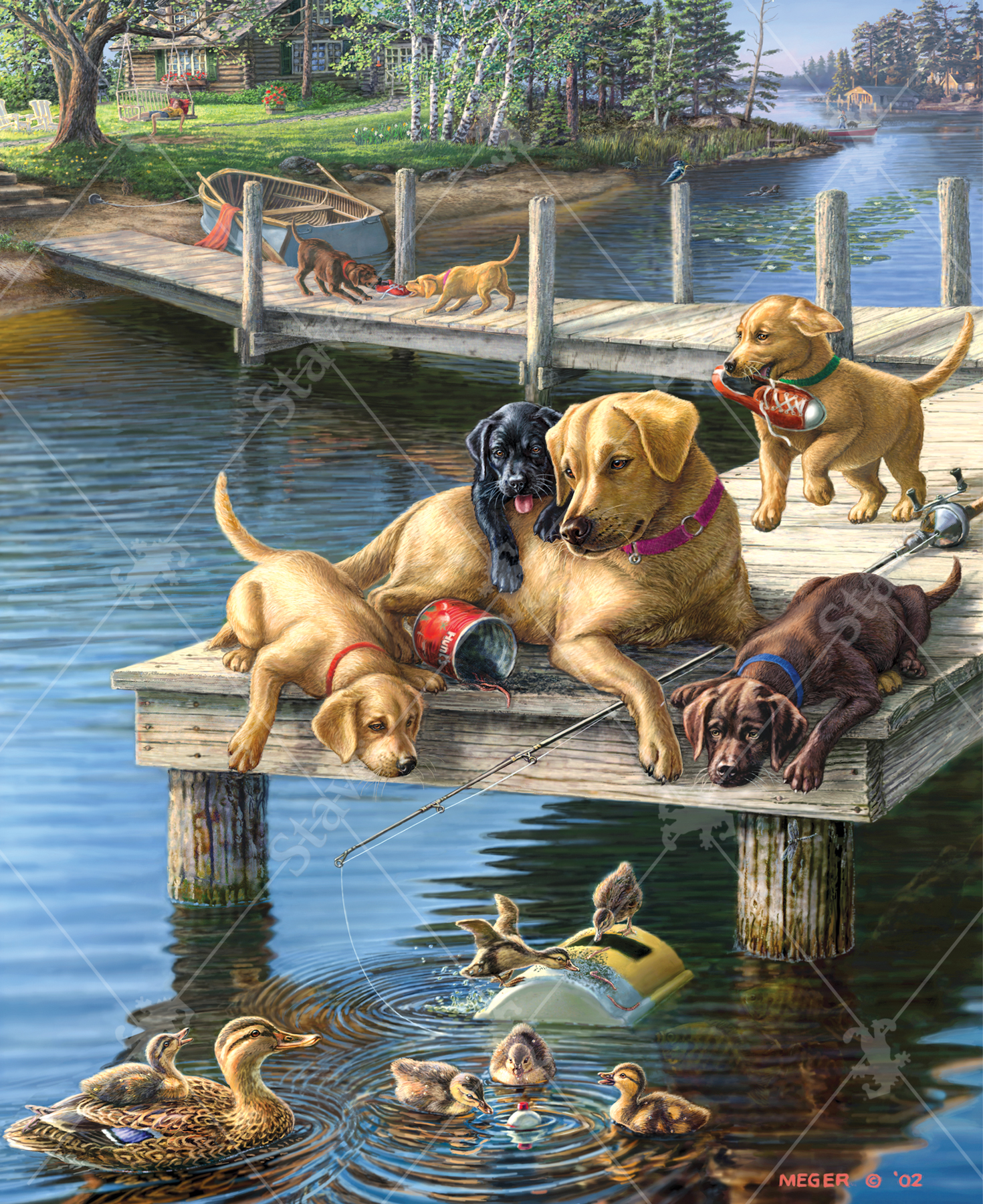 Close-up of Summer School wooden jigsaw puzzle inviting viewers to a dock on the lake, where a family of pups and their mom enjoy the outdoors. Three puppies lay with their mom on the end of the dock, as they go fishing. A duck and her ducklings curiously swim up to the bobber floating in the water and try to eat the worms. Three other puppies are enjoying their time playing with their owners shoes, who is fast asleep on a swing bench in the background by their cabin.