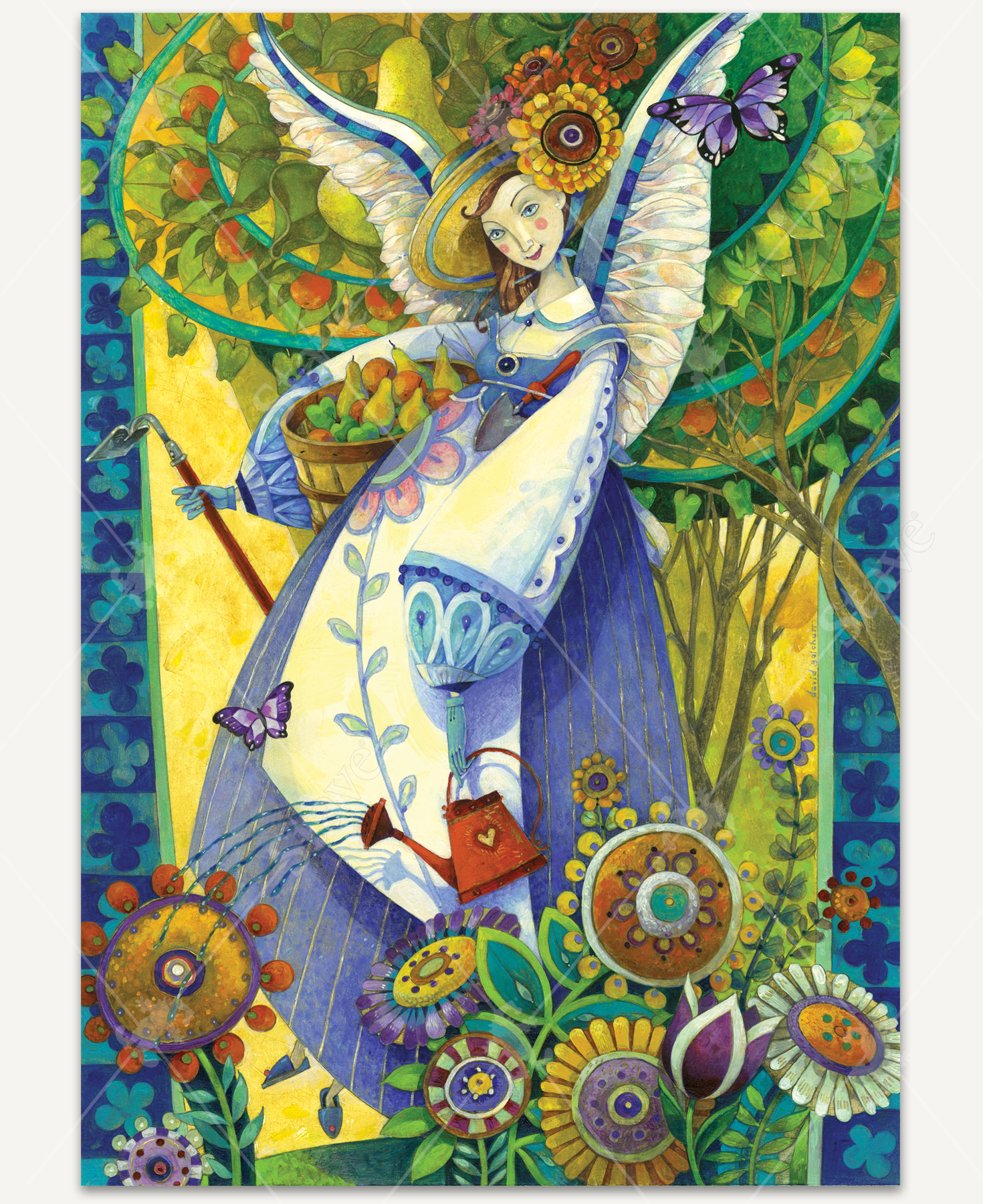 Angelic Harvest wooden jigsaw puzzle shows an angel outside gardening with her arm wrapped around a basket of fruit. She holds a watering can in one hand and a gardening hoe in another. Flowers spring up in the foreground as a fruit tree with apples, pears, and lemons stretch across the scene behind the angels wings.