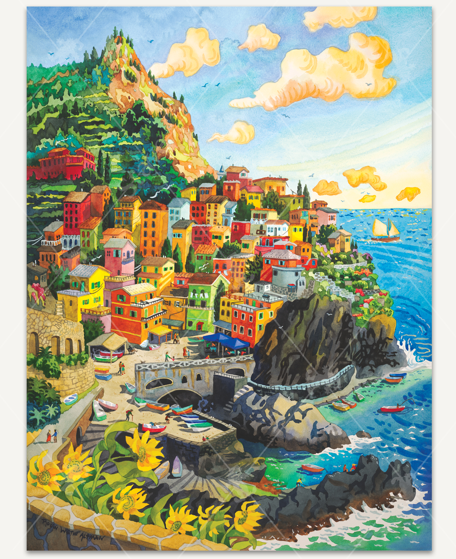 Manarola Vista wooden jigsaw puzzle captures the village of Manarola, perched on a cliffside, with vibrant colored houses cascading down towards the water.