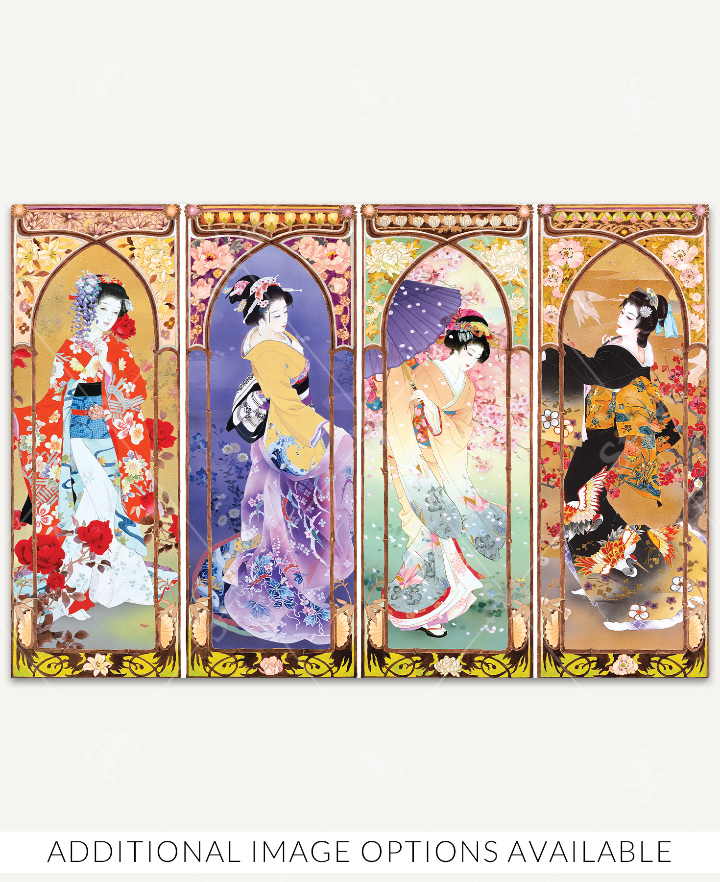 Oriental Gate wooden jigsaw puzzle shows four framed panels, each representing the changing seasons, with four women dressed in traditional Japanese clothing. The lady in the first panel is wearing a red kimono and has red roses blooming around her, a color that signifies autumn. The next panel has a dark blue background representing the cold chill of winter. The third panel of spring is bright with pastel colors and cherry blossoms. The final panel has orange and red hues throughout, signifying the warmth of summer.