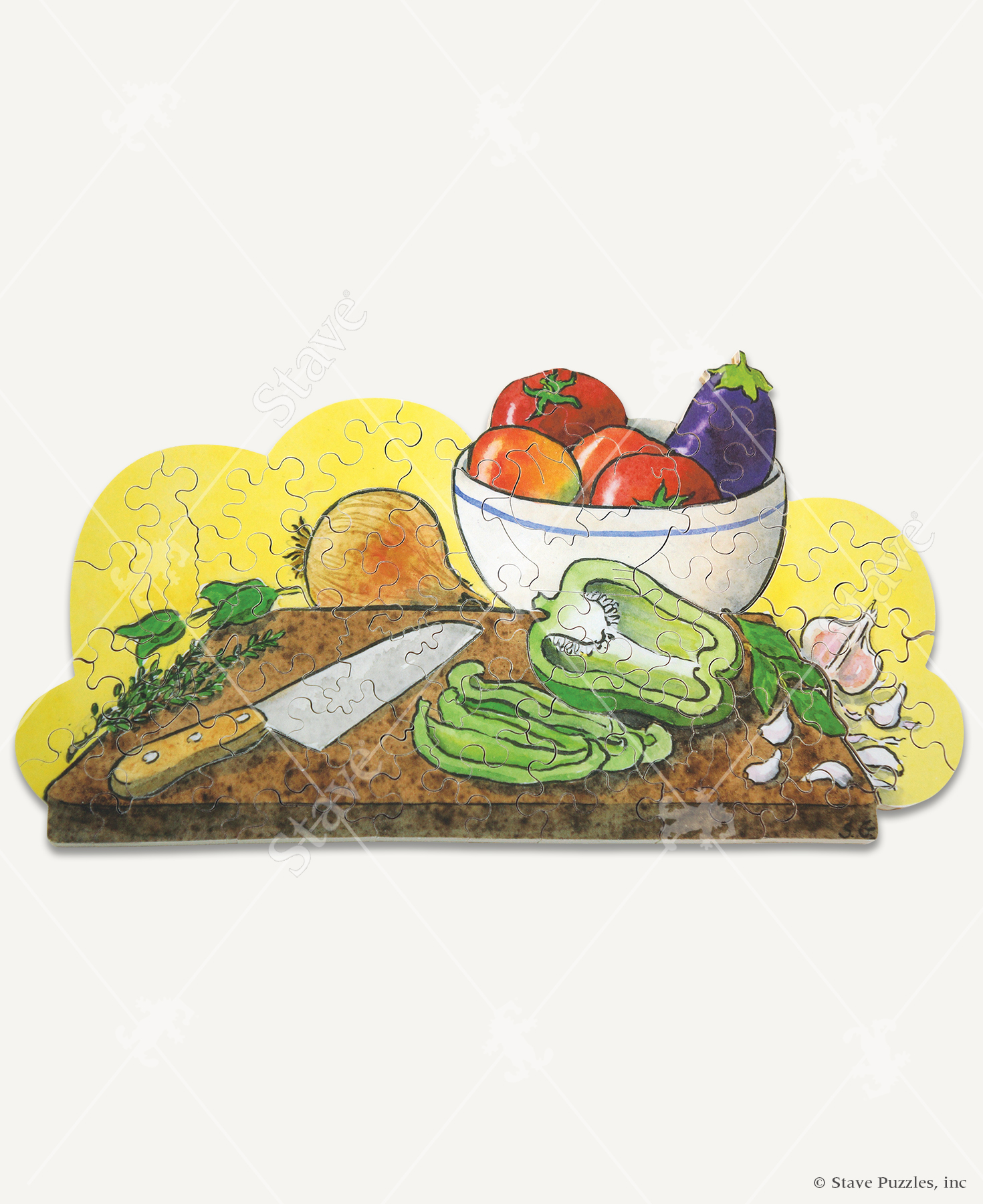 The Thyme is Ripe wooden jigsaw puzzle shows a cutting board with a green pepper half way cut up and a kitchen knife laying down on the other side. A bowl of fresh vegetables sits behind the cutting board.
